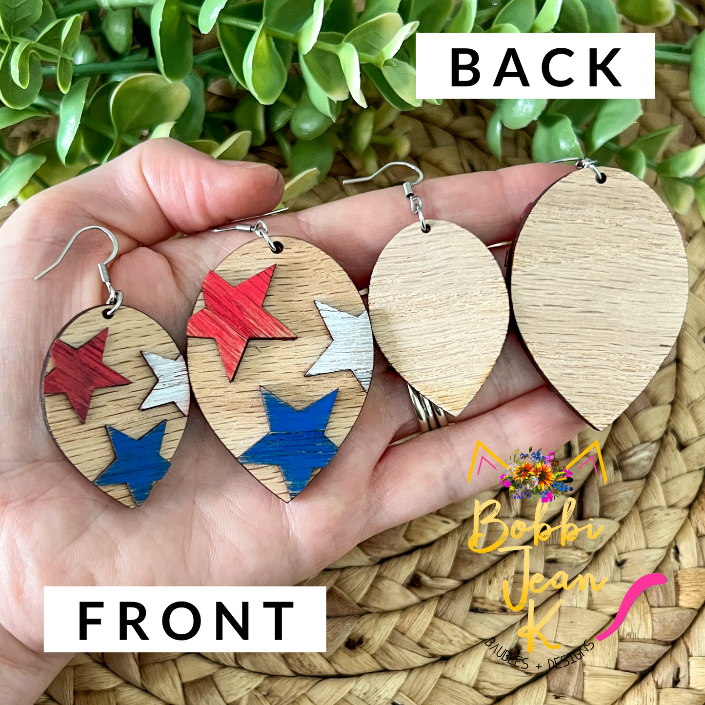 Distressed Stars Hand Painted Wood Inverted Teardrop Earrings