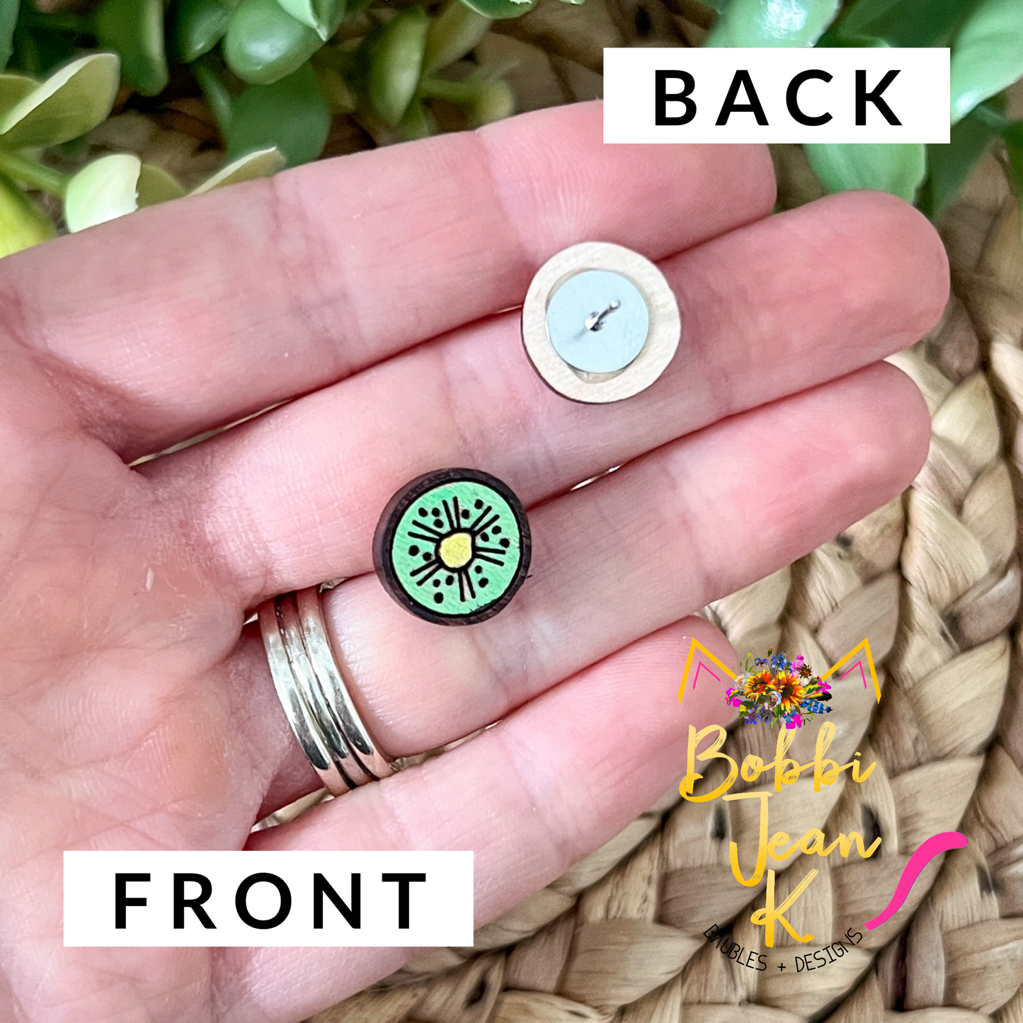 Hand Painted Kiwi Fruit Wood Studs
