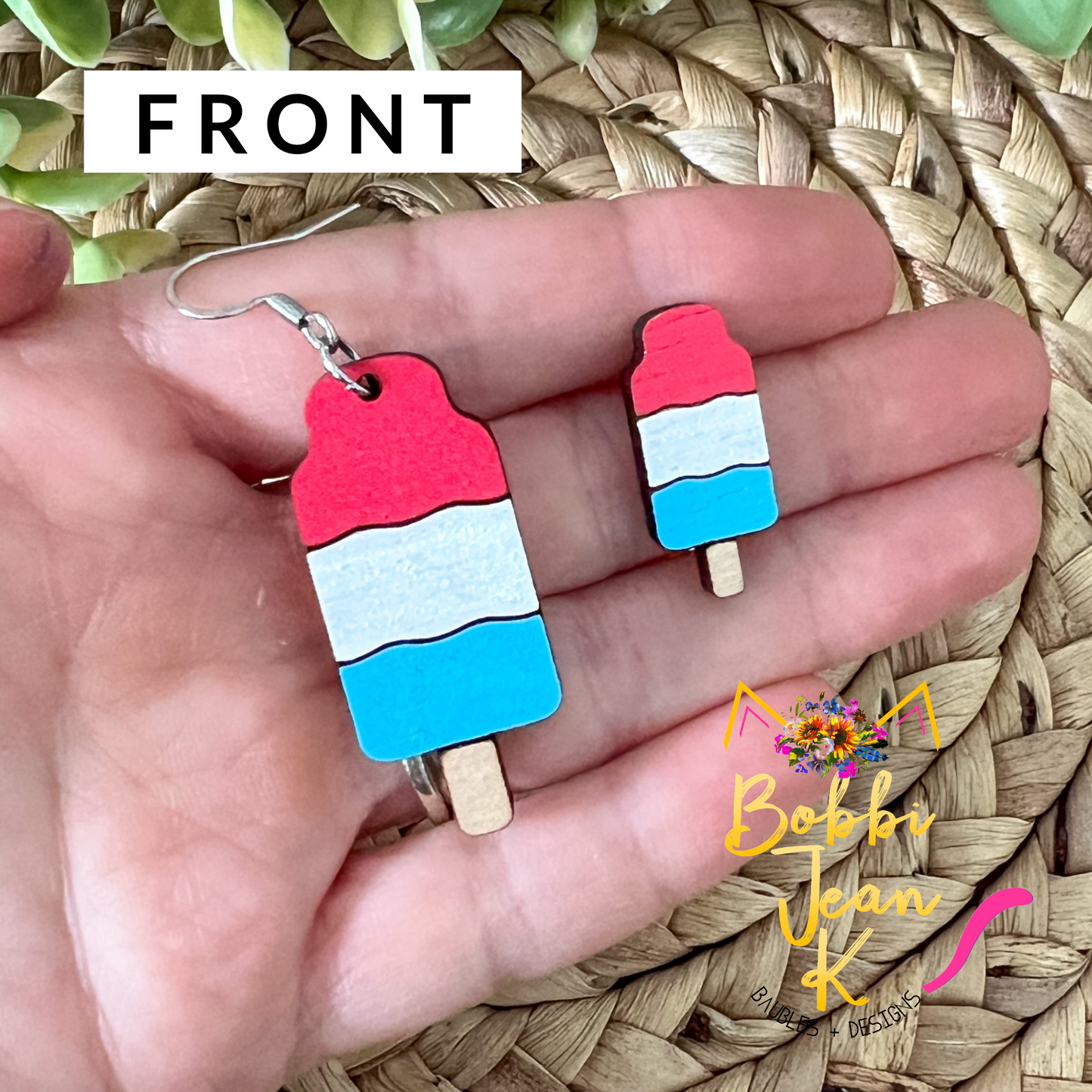 Hand Painted Patriotic Wood Popsicle Earrings: Choose From Dangle or Stud