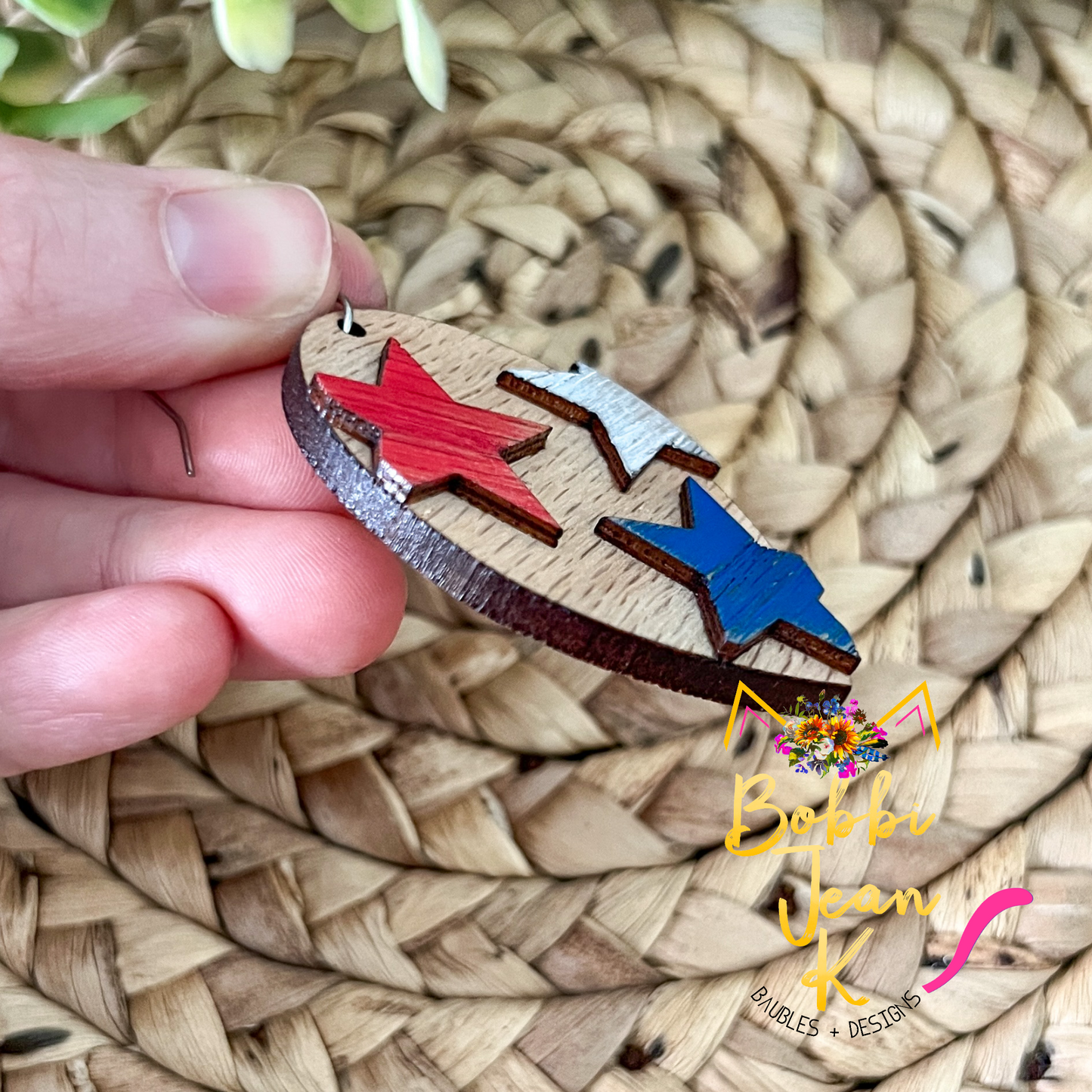 Distressed Stars Hand Painted Wood Inverted Teardrop Earrings