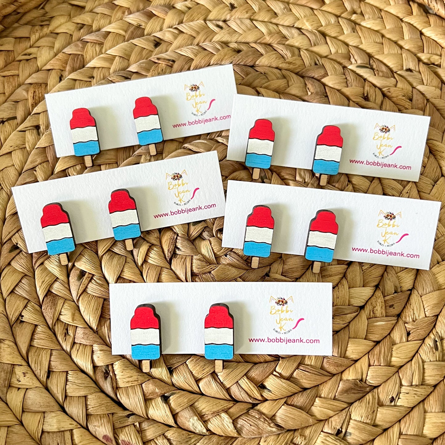 Hand Painted Patriotic Wood Popsicle Earrings: Choose From Dangle or Stud