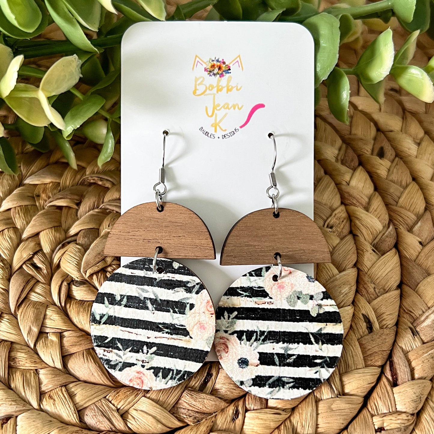 SALE: Black & White Striped Floral Cork on Leather Earrings: Choose From 2 Styles - LAST CHANCE