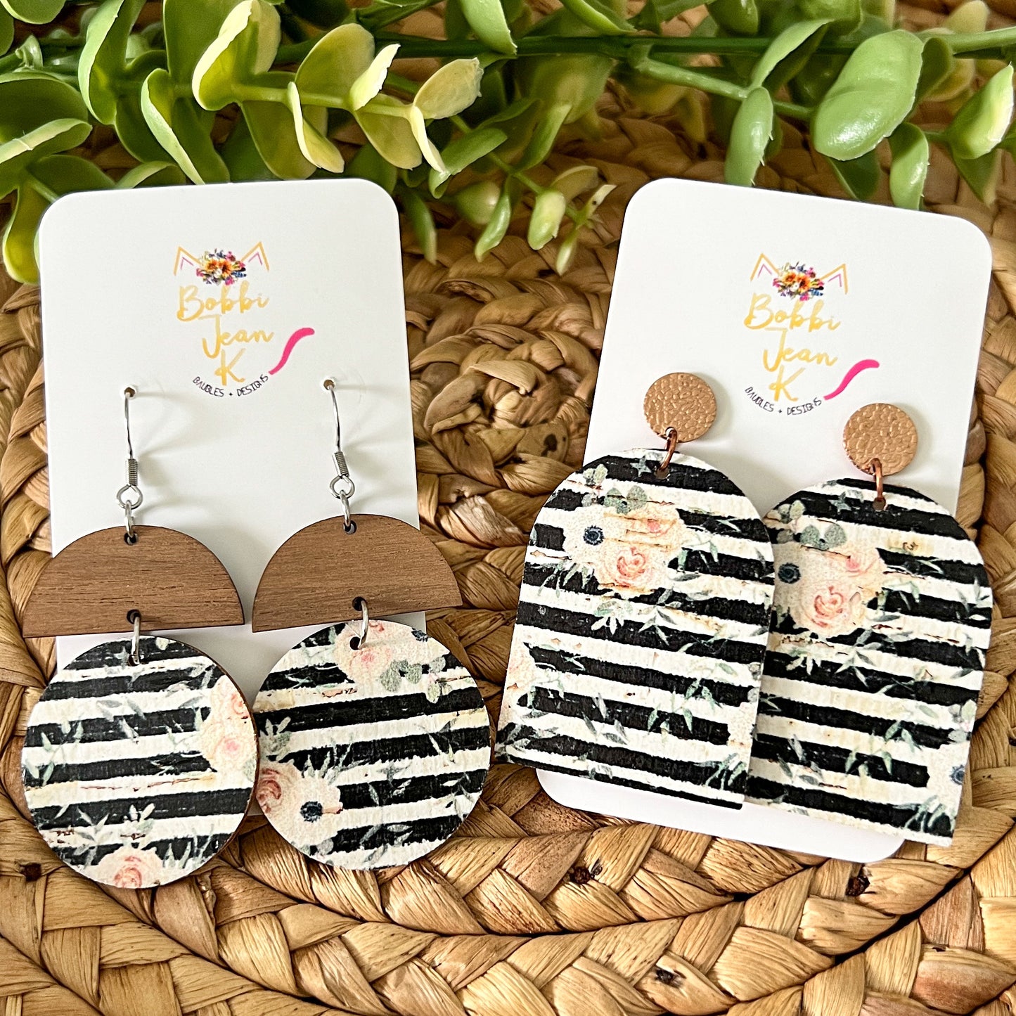 SALE: Black & White Striped Floral Cork on Leather Earrings: Choose From 2 Styles - LAST CHANCE