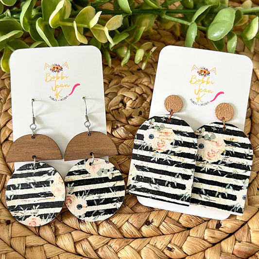 SALE: Black & White Striped Floral Cork on Leather Earrings: Choose From 2 Styles - LAST CHANCE