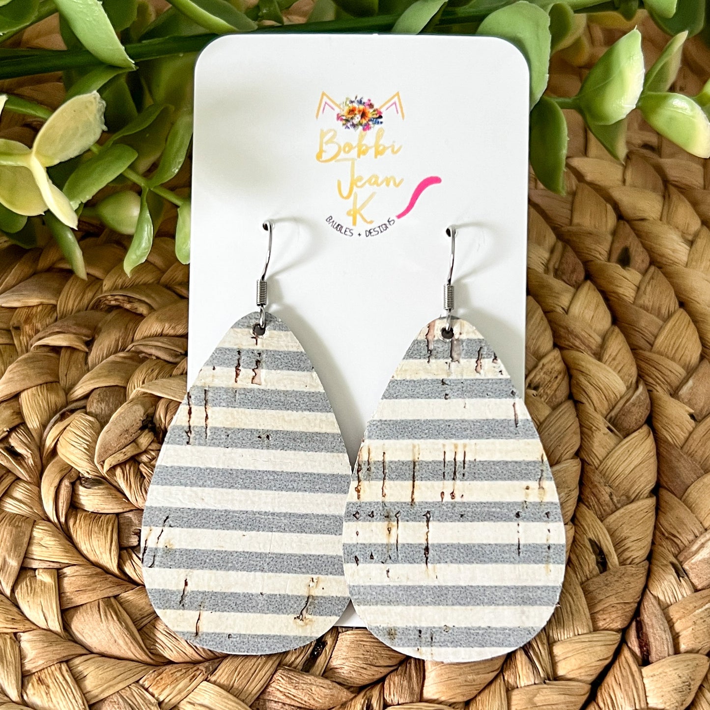 Gray & White Striped Cork on Leather Earrings: Choose From 2 Styles - LAST CHANCE - ONLY 2 LEAF SHAPE LEFT