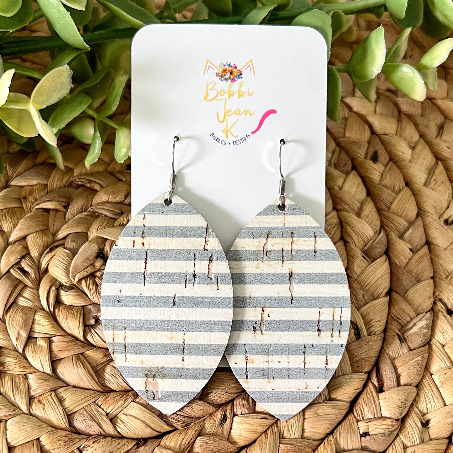 Gray & White Striped Cork on Leather Earrings: Choose From 2 Styles - LAST CHANCE - ONLY 2 LEAF SHAPE LEFT