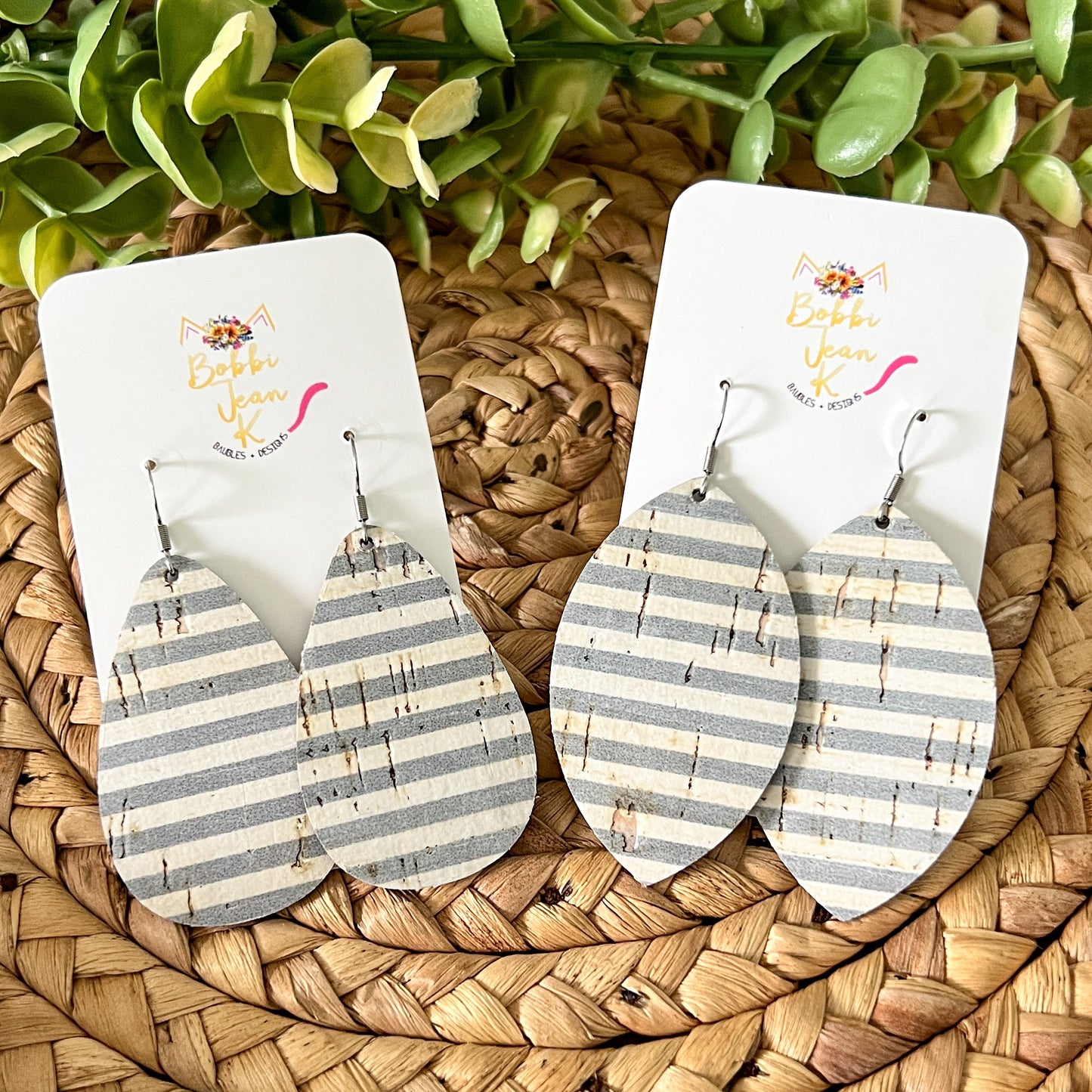 Gray & White Striped Cork on Leather Earrings: Choose From 2 Styles - LAST CHANCE - ONLY 2 LEAF SHAPE LEFT