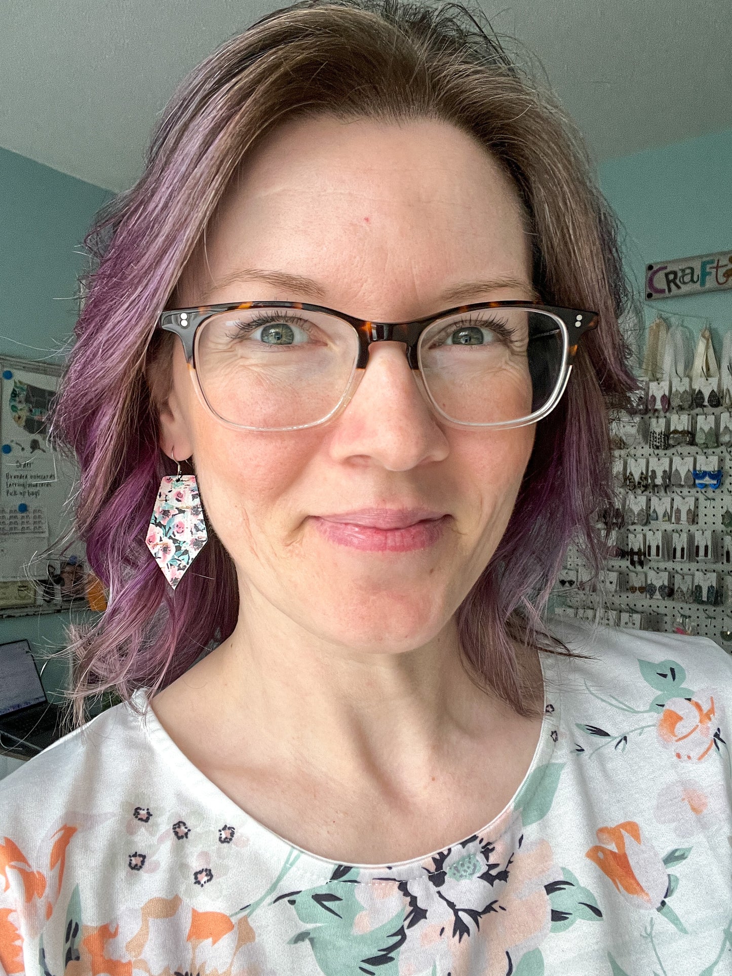 SALE: Pink Dianthus Cork on Leather Small Pointed Pentagon Earrings - ONLY ONE LEFT