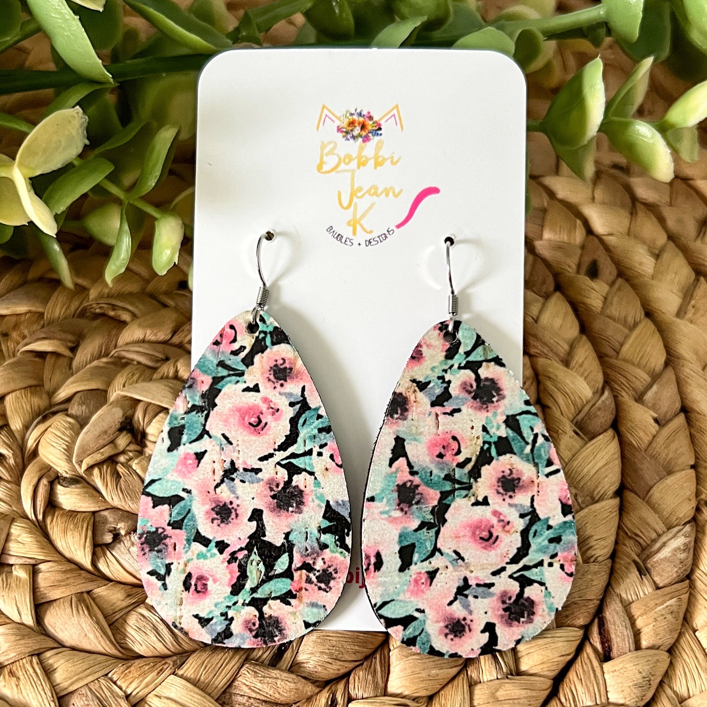 Pink Dianthus Cork on Leather Earrings: Choose From 3 Styles - LAST CHANCE