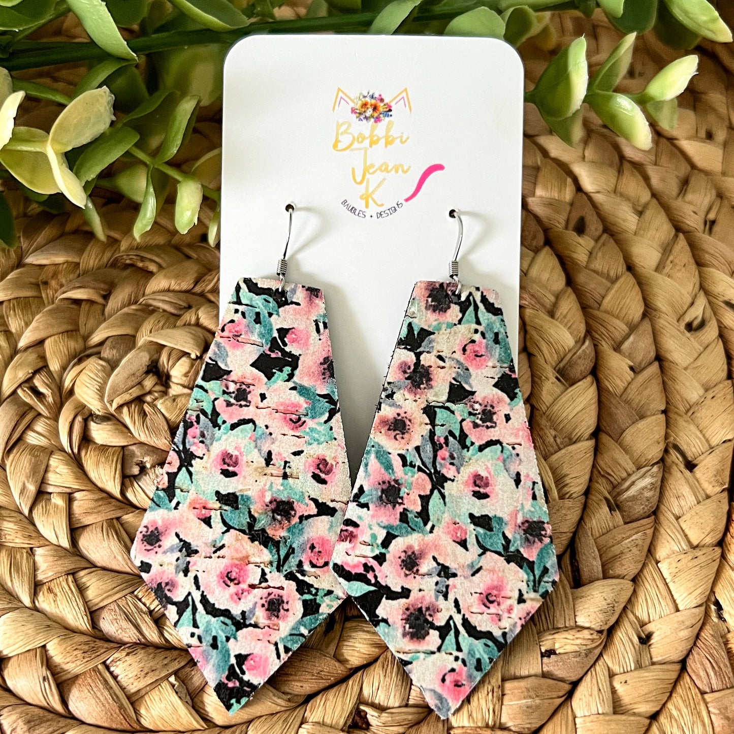 Pink Dianthus Cork on Leather Earrings: Choose From 3 Styles - LAST CHANCE