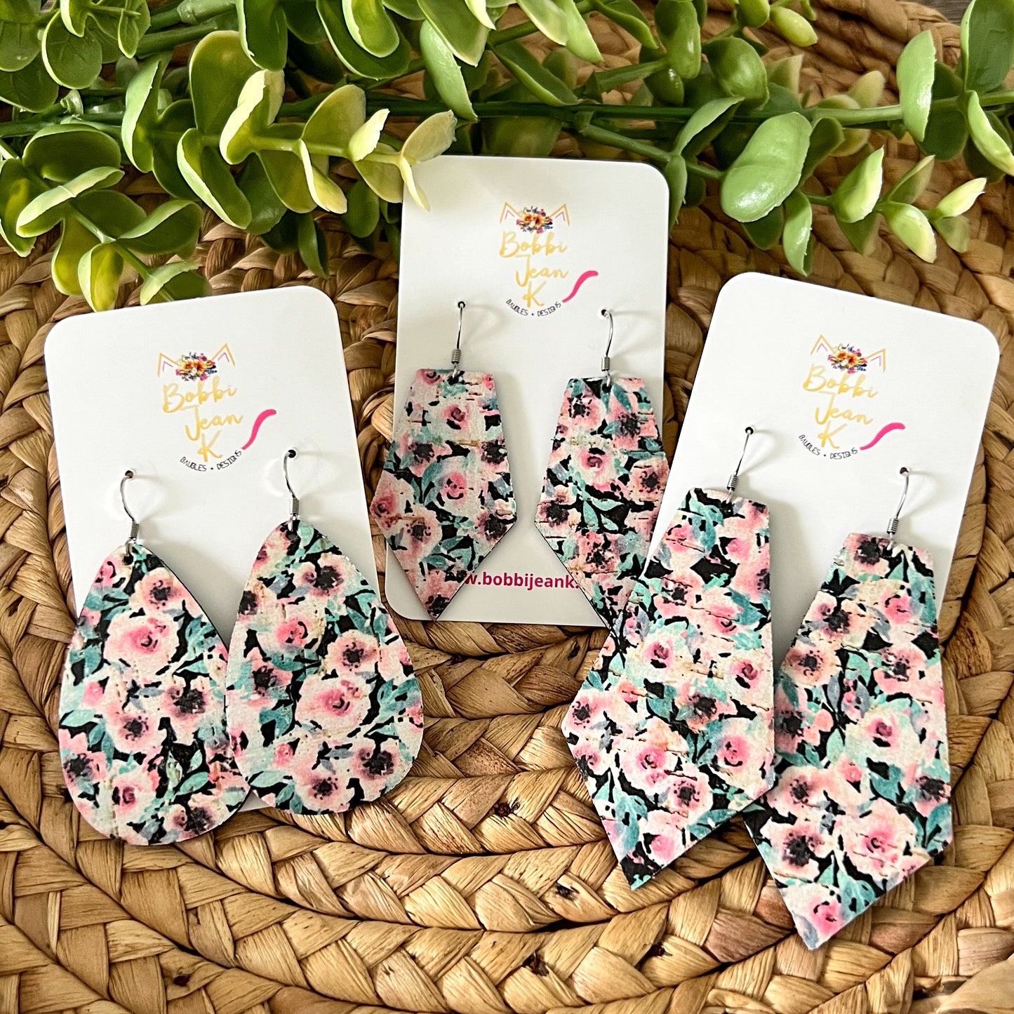 Pink Dianthus Cork on Leather Earrings: Choose From 3 Styles - LAST CHANCE