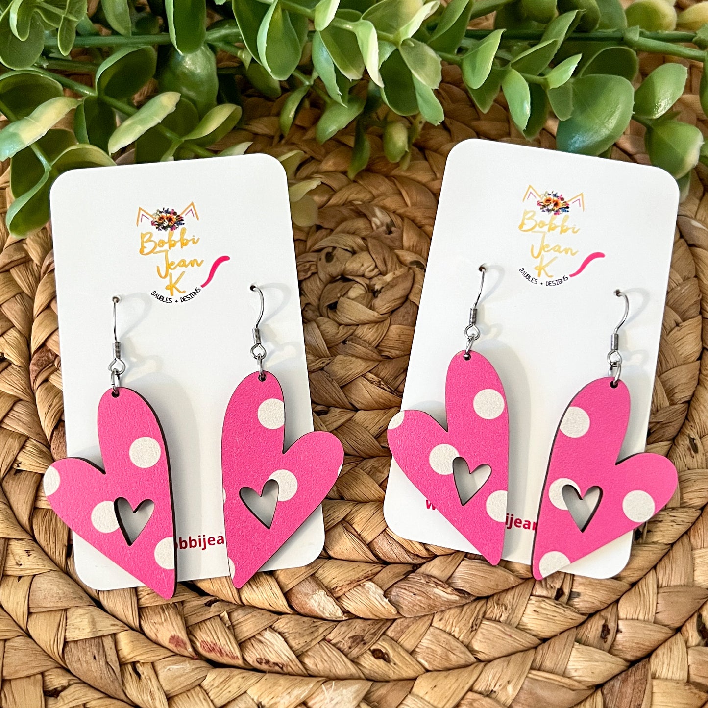 Pink & White Polka Dot Heart Cutout Wood Earrings