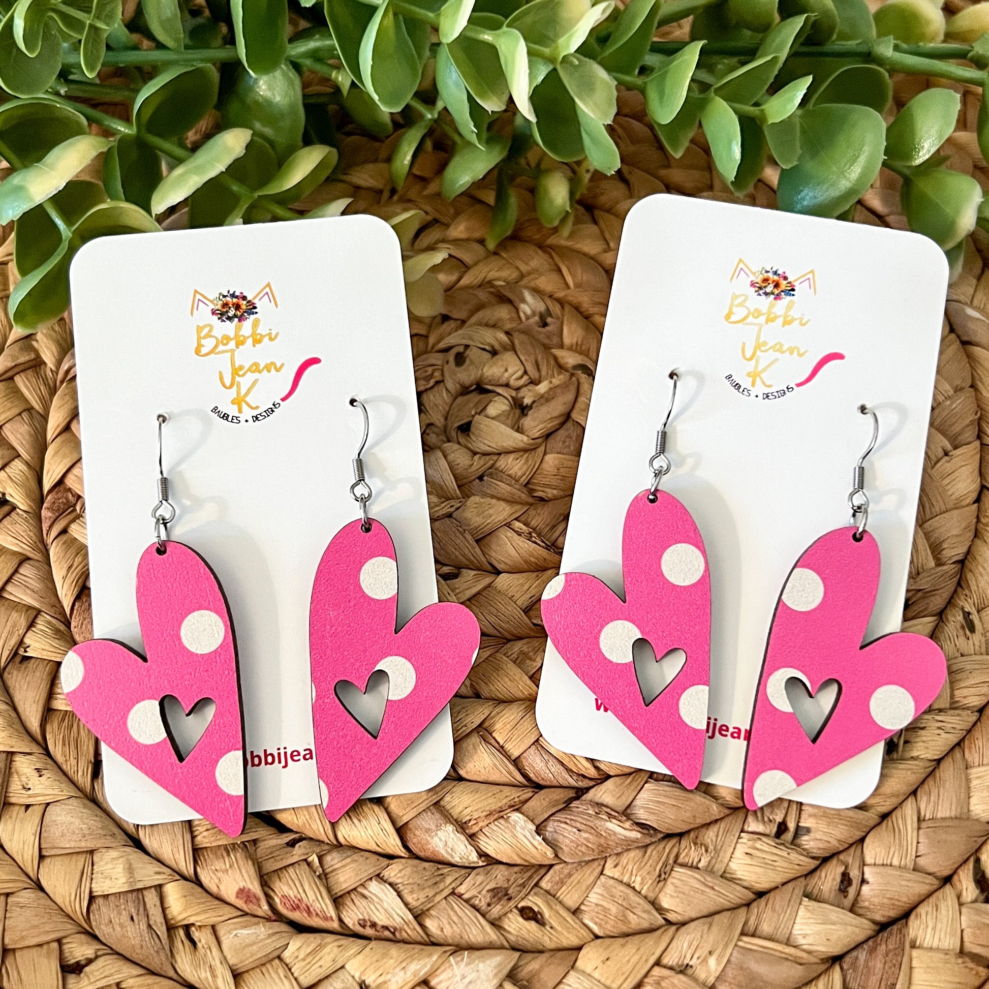 Pink & White Polka Dot Heart Cutout Wood Earrings