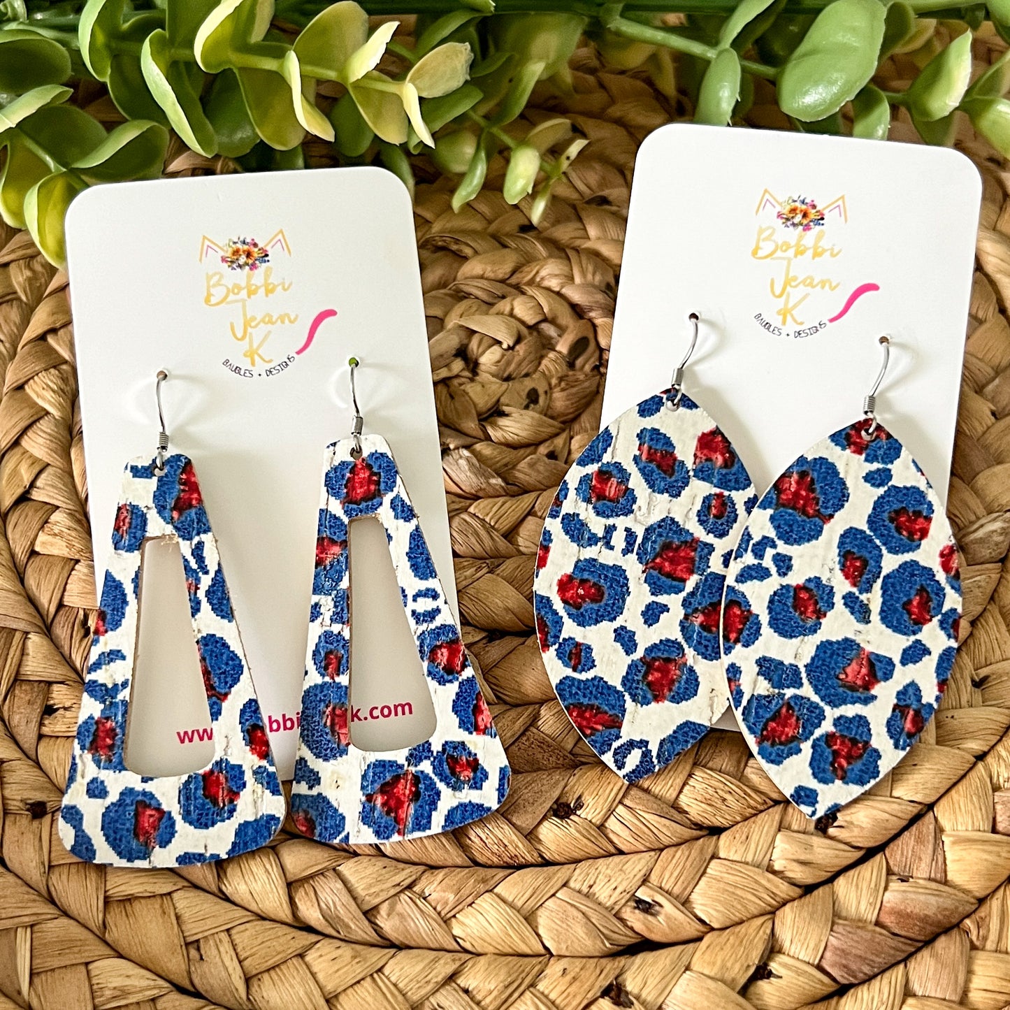 Patriotic Leopard Cork on Leather Earrings: Choose From 2 Styles - LAST CHANCE