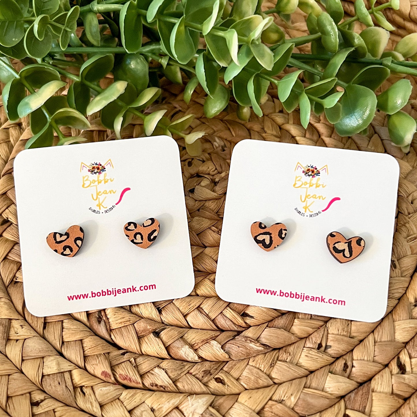 Leopard Heart Print Wood Cross Earrings & Heart Studs