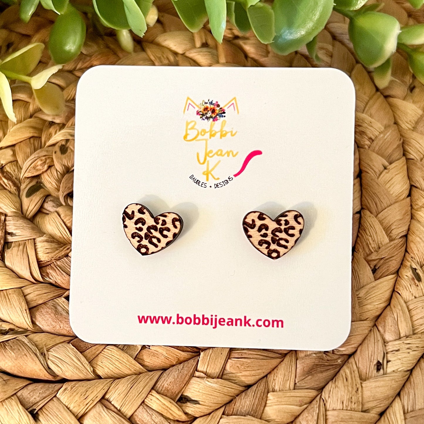 Leopard Engraved Wood Heart Stud Earrings: Choose From 2 Wood Types