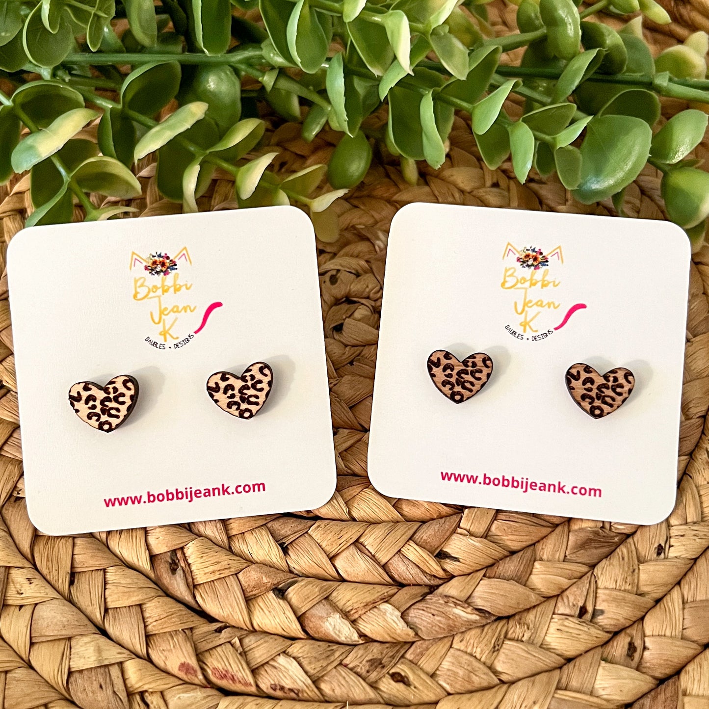 Leopard Engraved Wood Heart Stud Earrings: Choose From 2 Wood Types