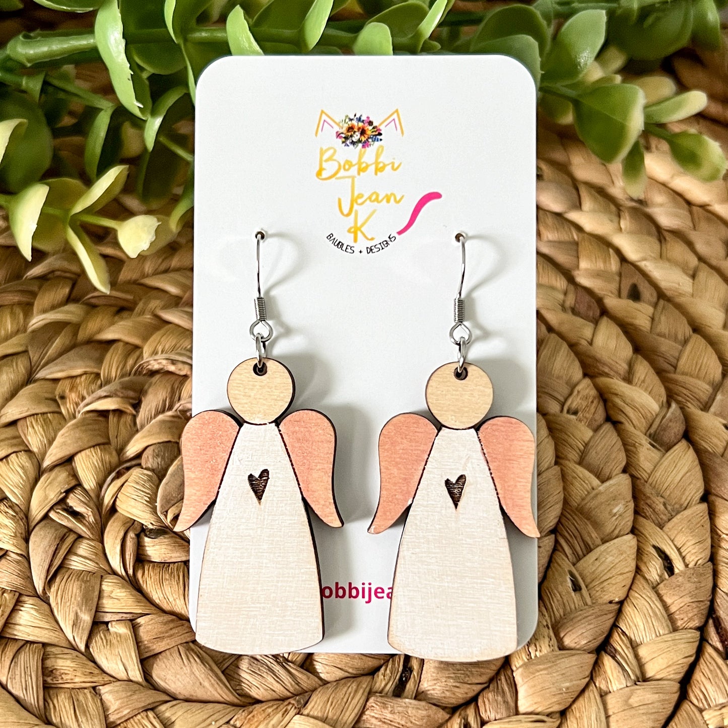 Hand Stained Angel Wood Earrings: Choose from 1 or 3 Engraved Hearts