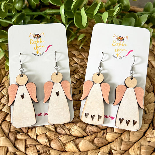 Hand Stained Angel Wood Earrings: Choose from 1 or 3 Engraved Hearts
