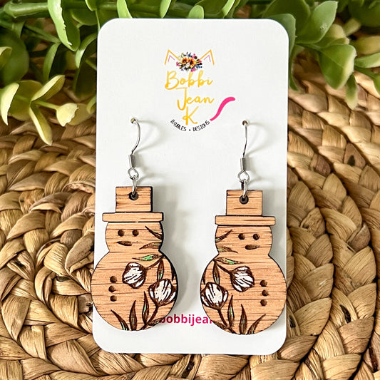 Hand Painted Red Oak Wood Floral Snowman Earrings