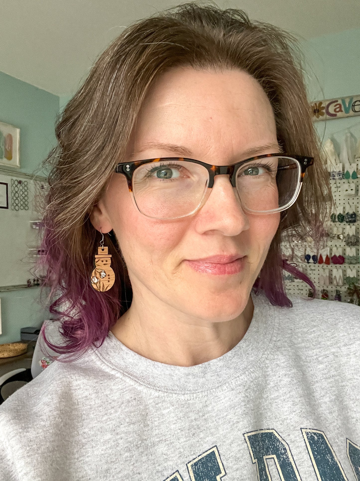 Hand Painted Red Oak Wood Floral Snowman Earrings
