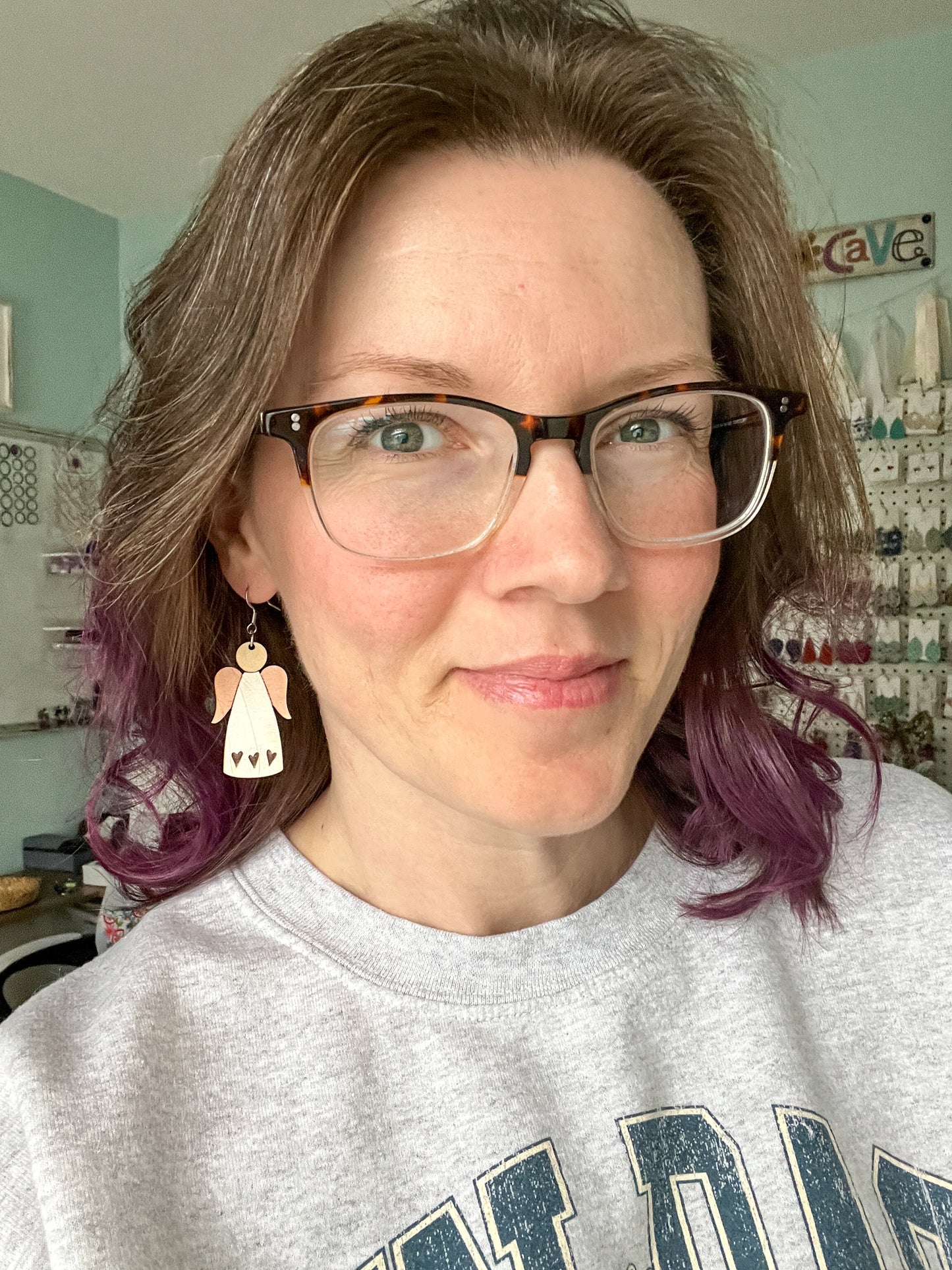Hand Stained Angel Wood Earrings: Choose from 1 or 3 Engraved Hearts