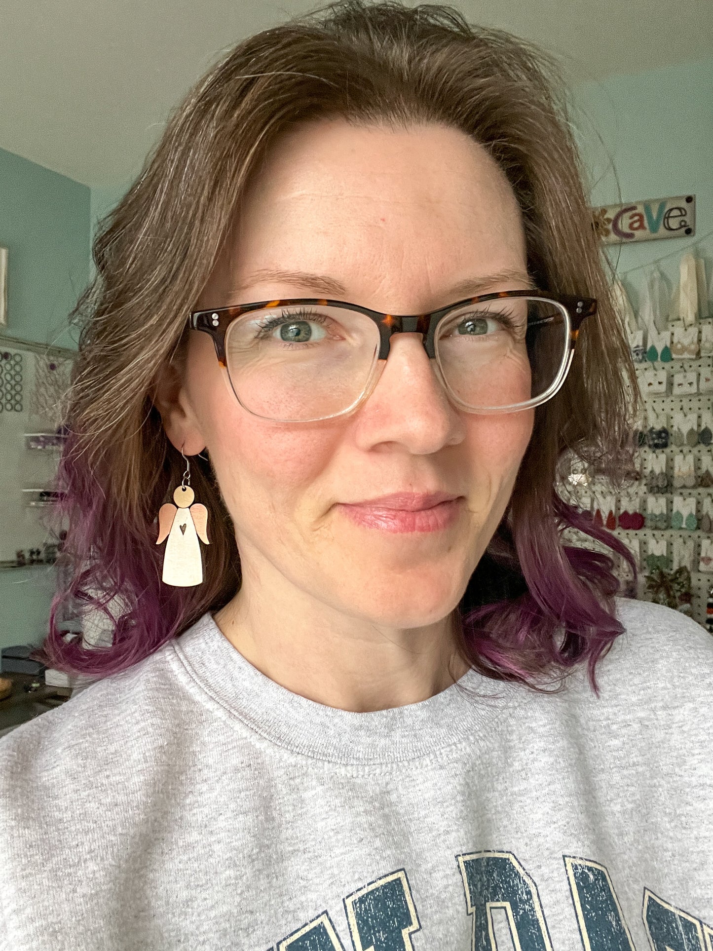 Hand Stained Angel Wood Earrings: Choose from 1 or 3 Engraved Hearts