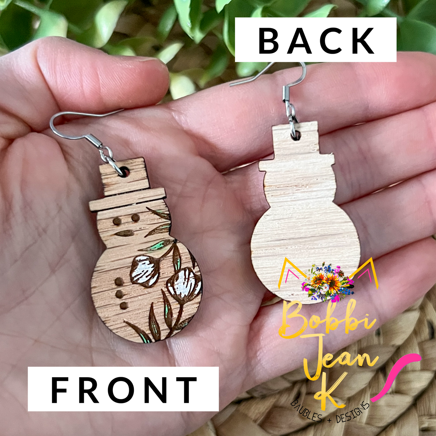 Hand Painted Red Oak Wood Floral Snowman Earrings