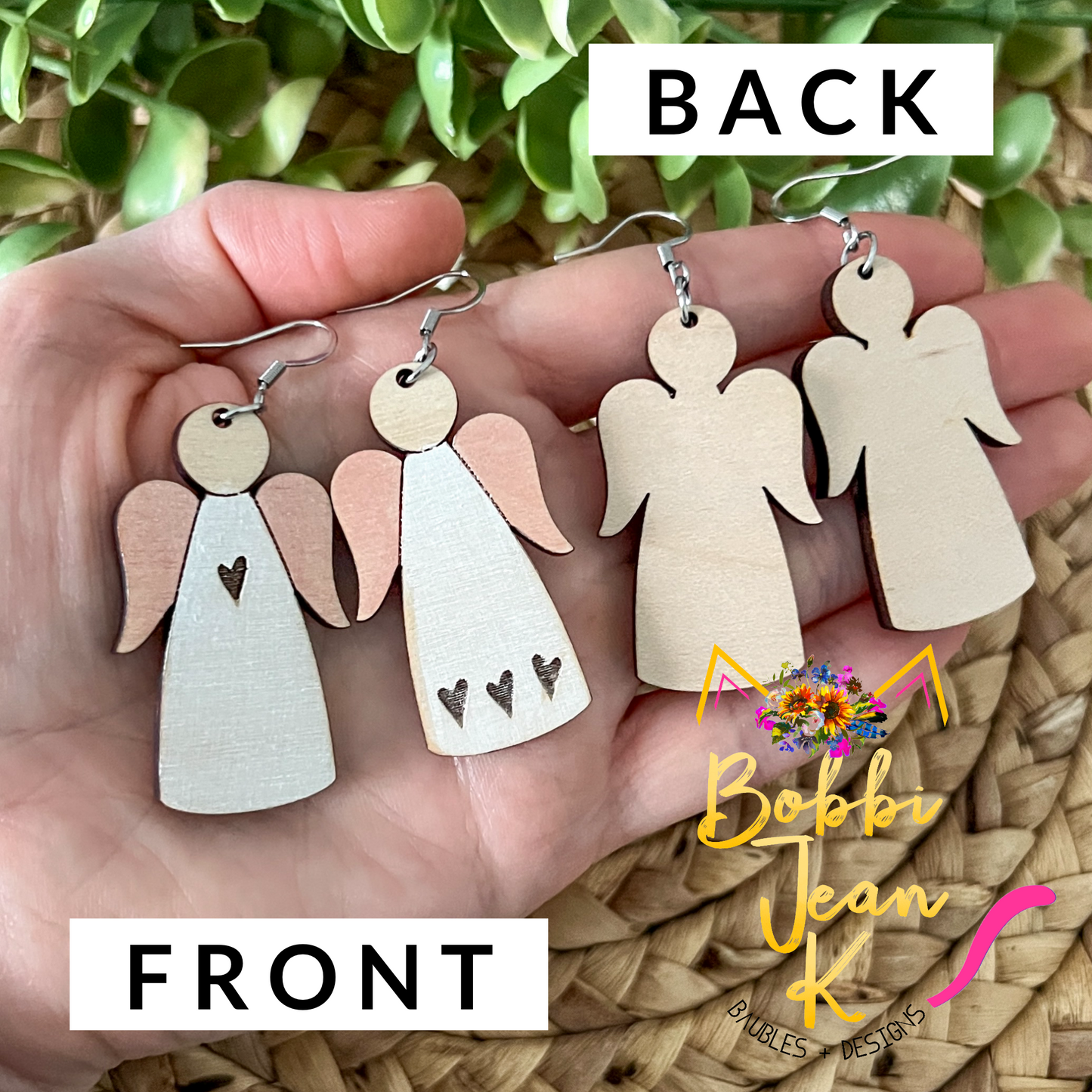 Hand Stained Angel Wood Earrings: Choose from 1 or 3 Engraved Hearts