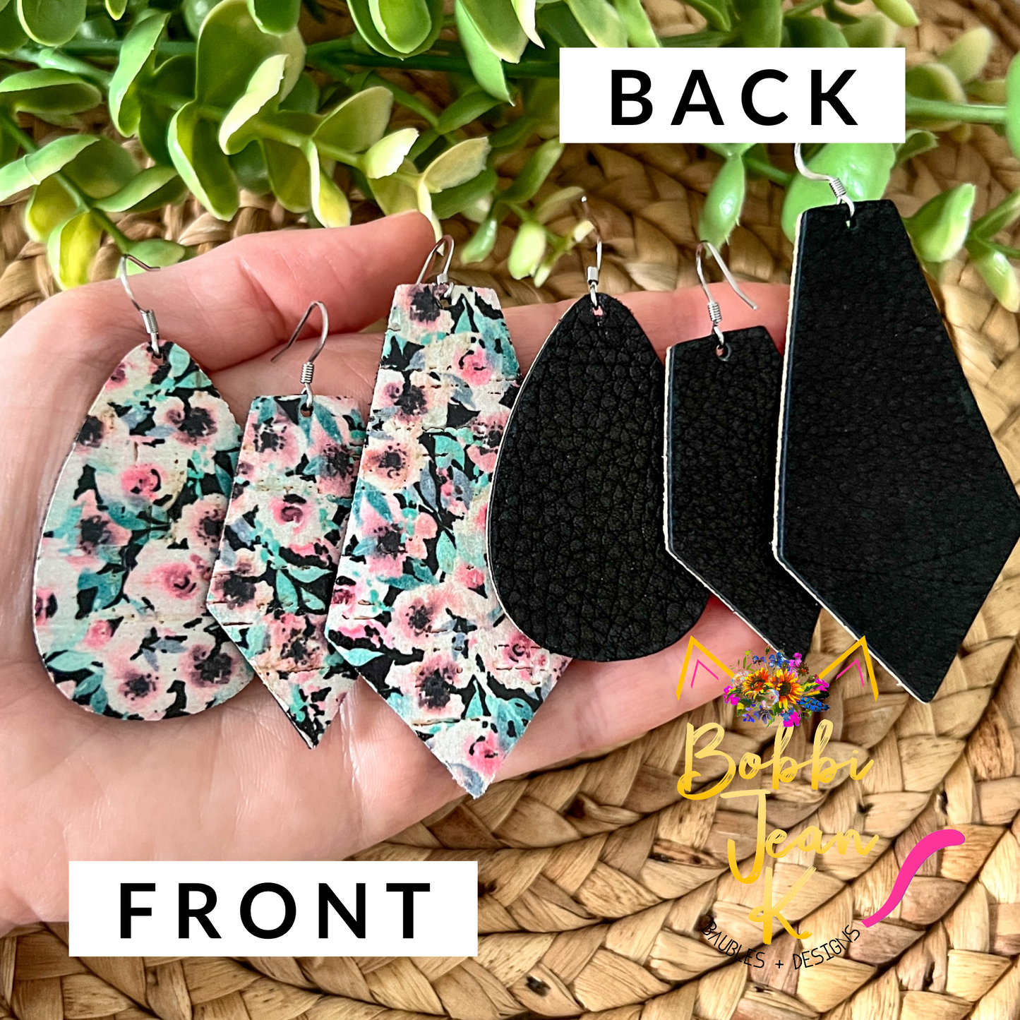 SALE: Pink Dianthus Cork on Leather Small Pointed Pentagon Earrings - ONLY ONE LEFT