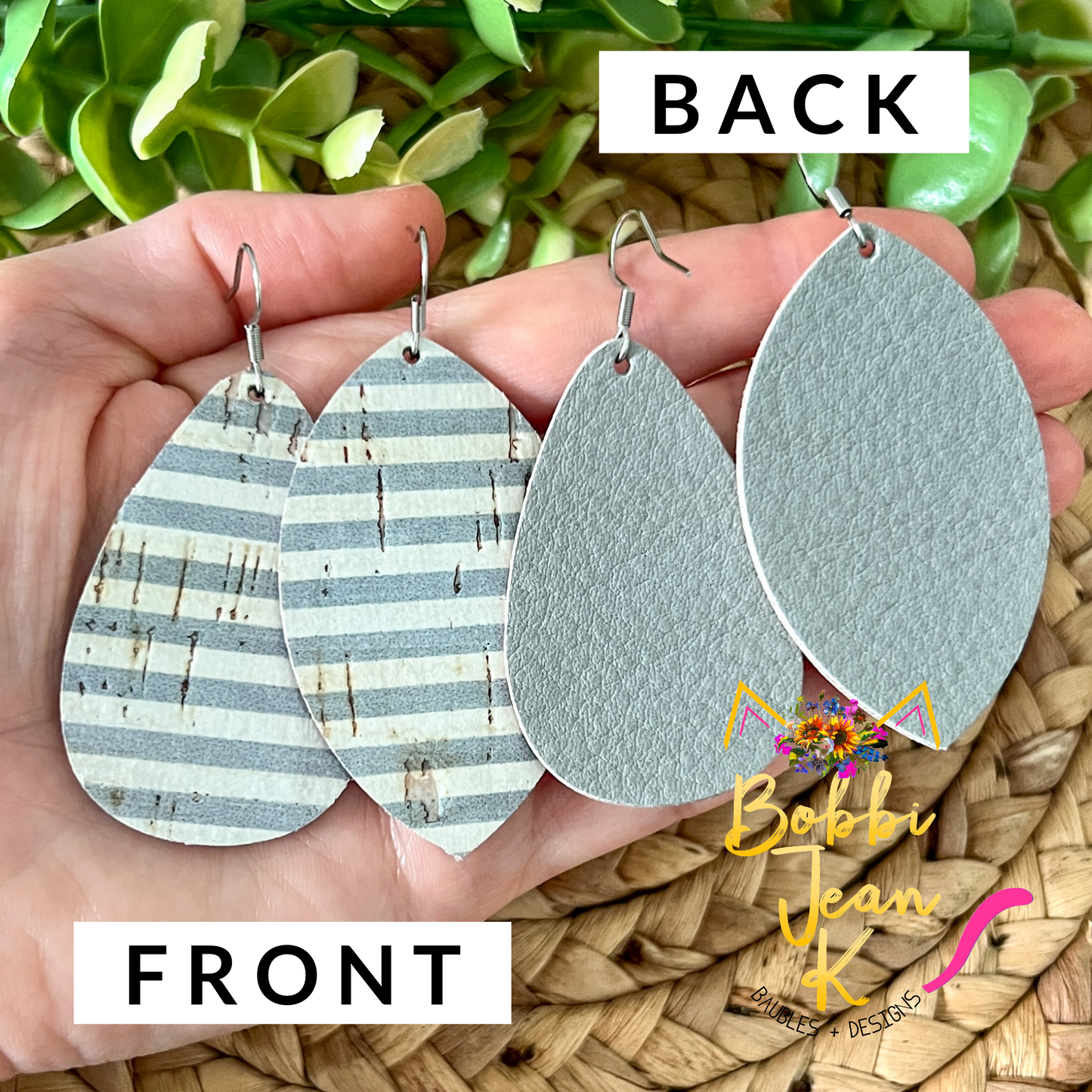 Gray & White Striped Cork on Leather Earrings: Choose From 2 Styles - LAST CHANCE - ONLY 2 LEAF SHAPE LEFT