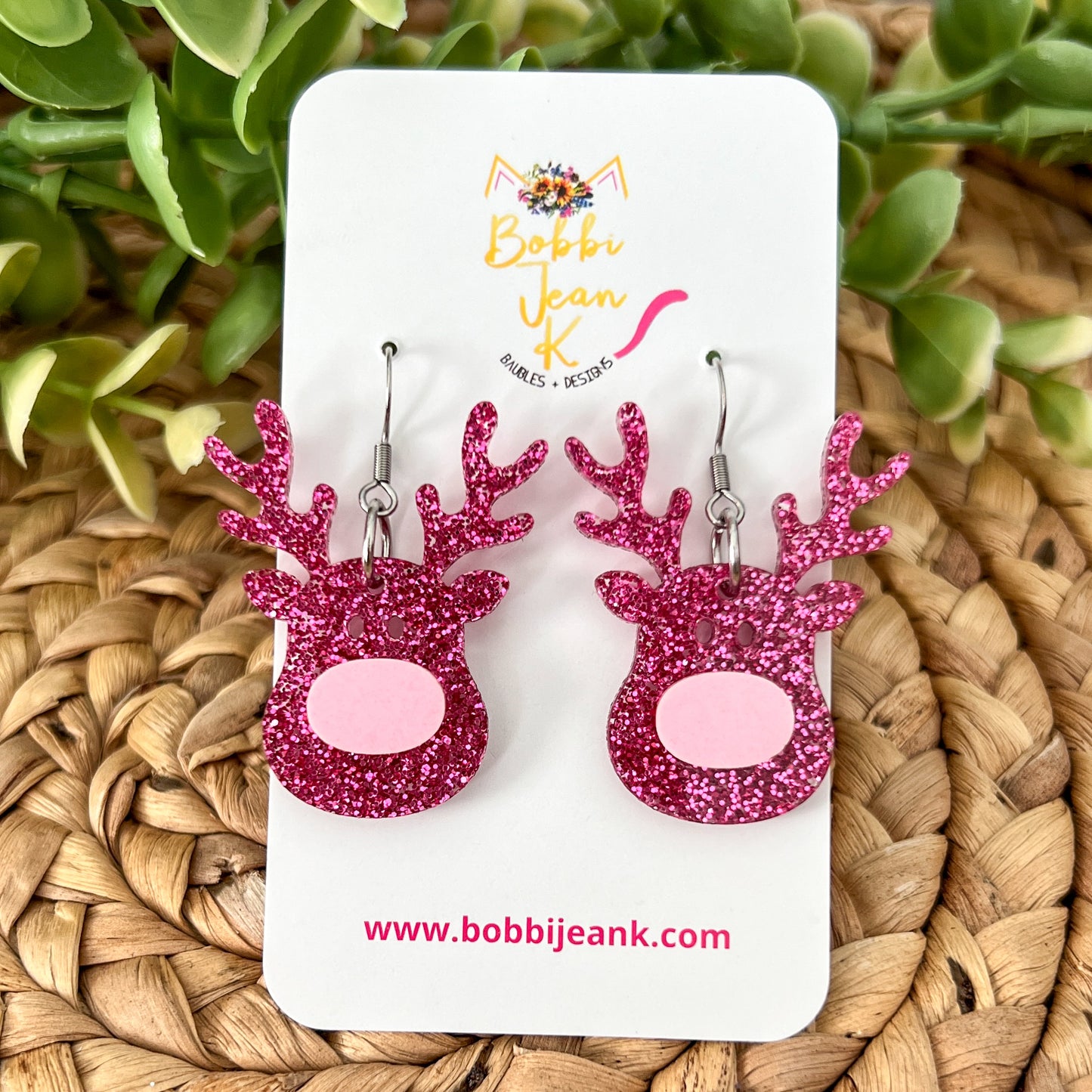 Pink Reindeer Glittered Acrylic Earrings