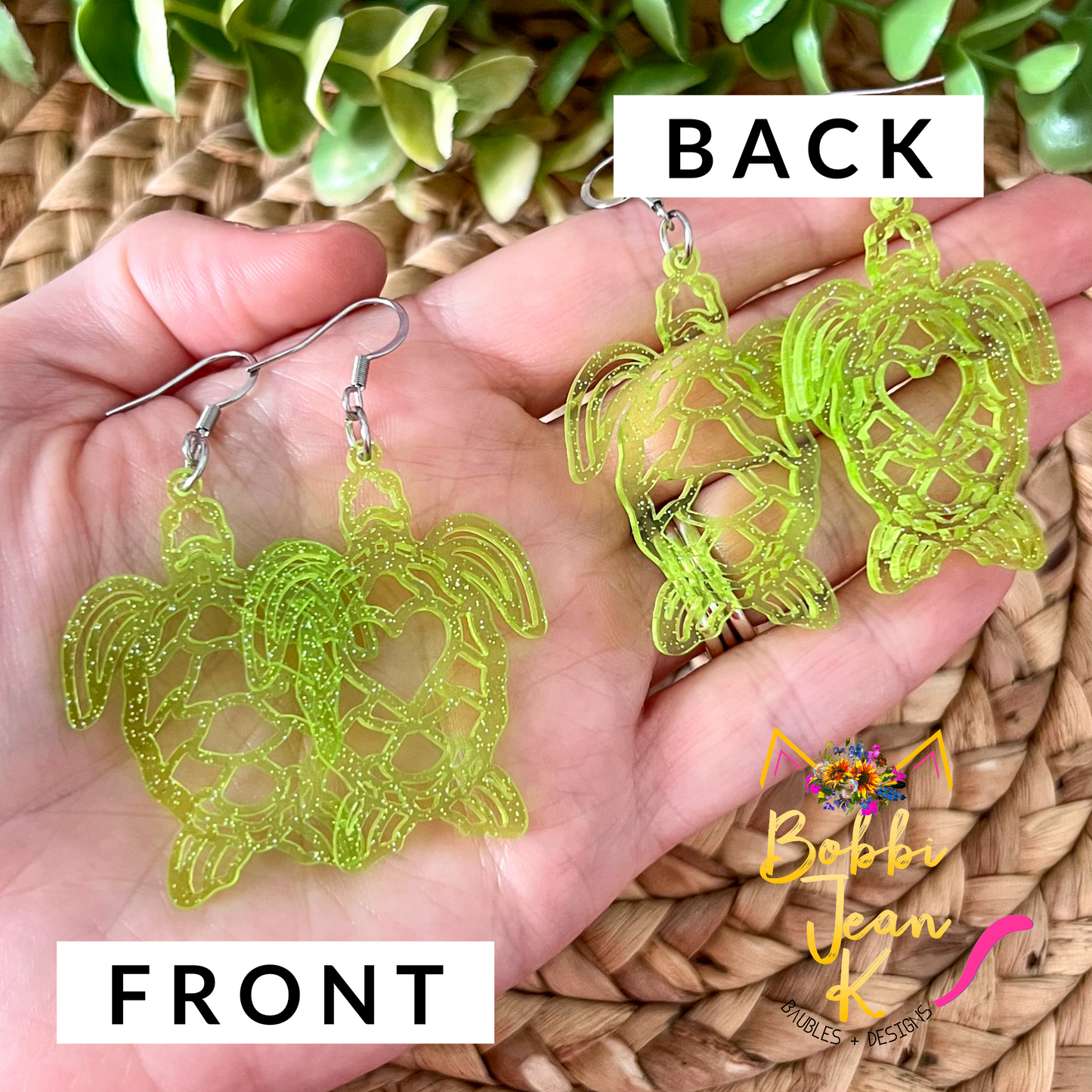 Neon Green Sparkle Sea Turtle Acrylic Earrings: Choose From 2 Styles