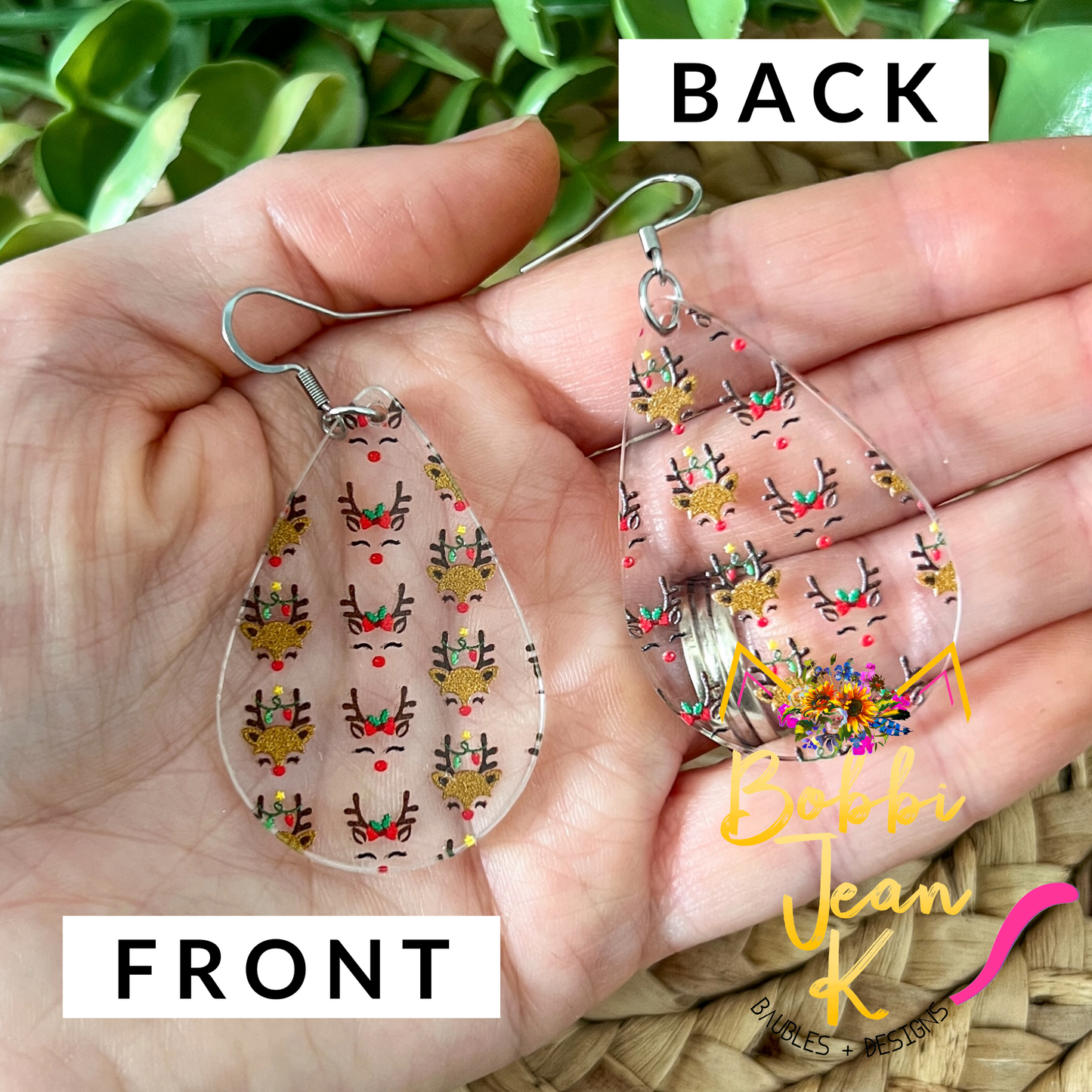 Reindeer Clear Acrylic Teardrop Earrings