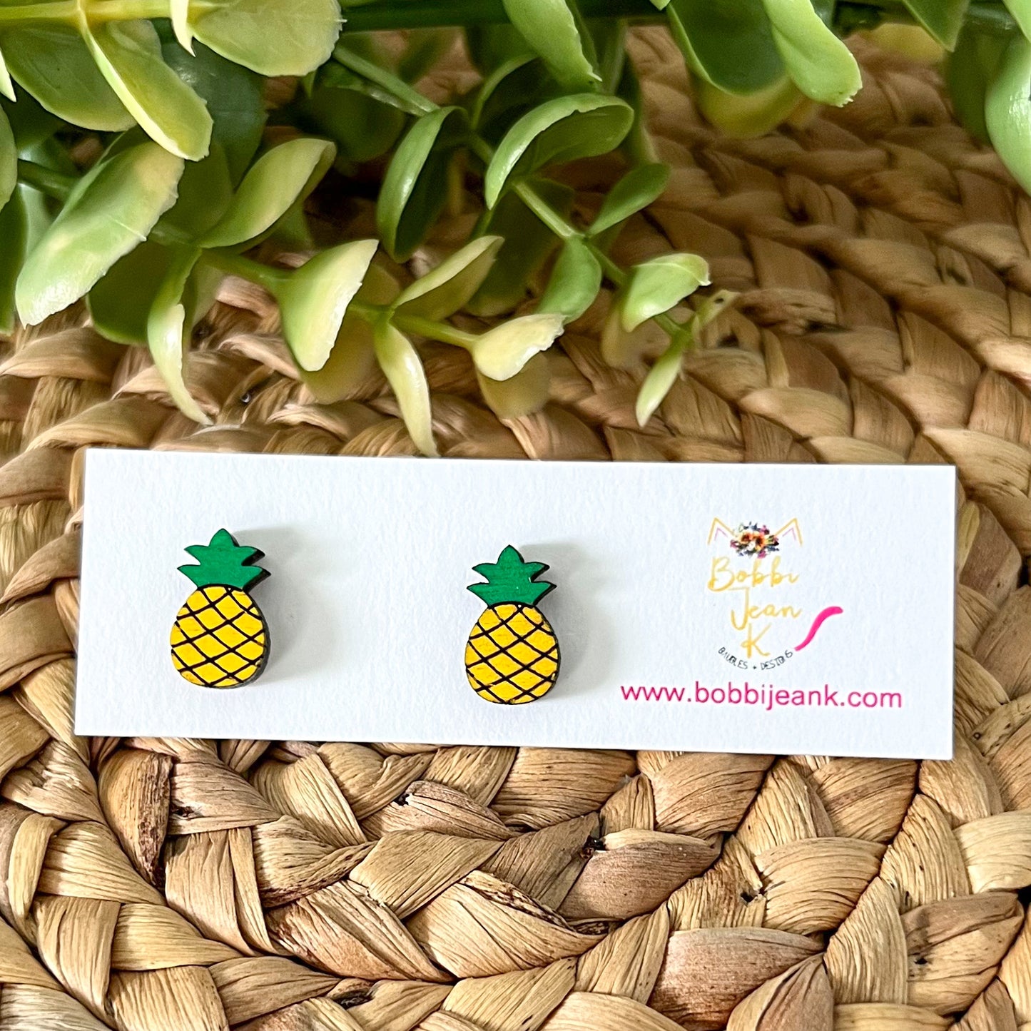 Hand Painted Pineapple Wood Earrings: Choose From Dangle or Stud