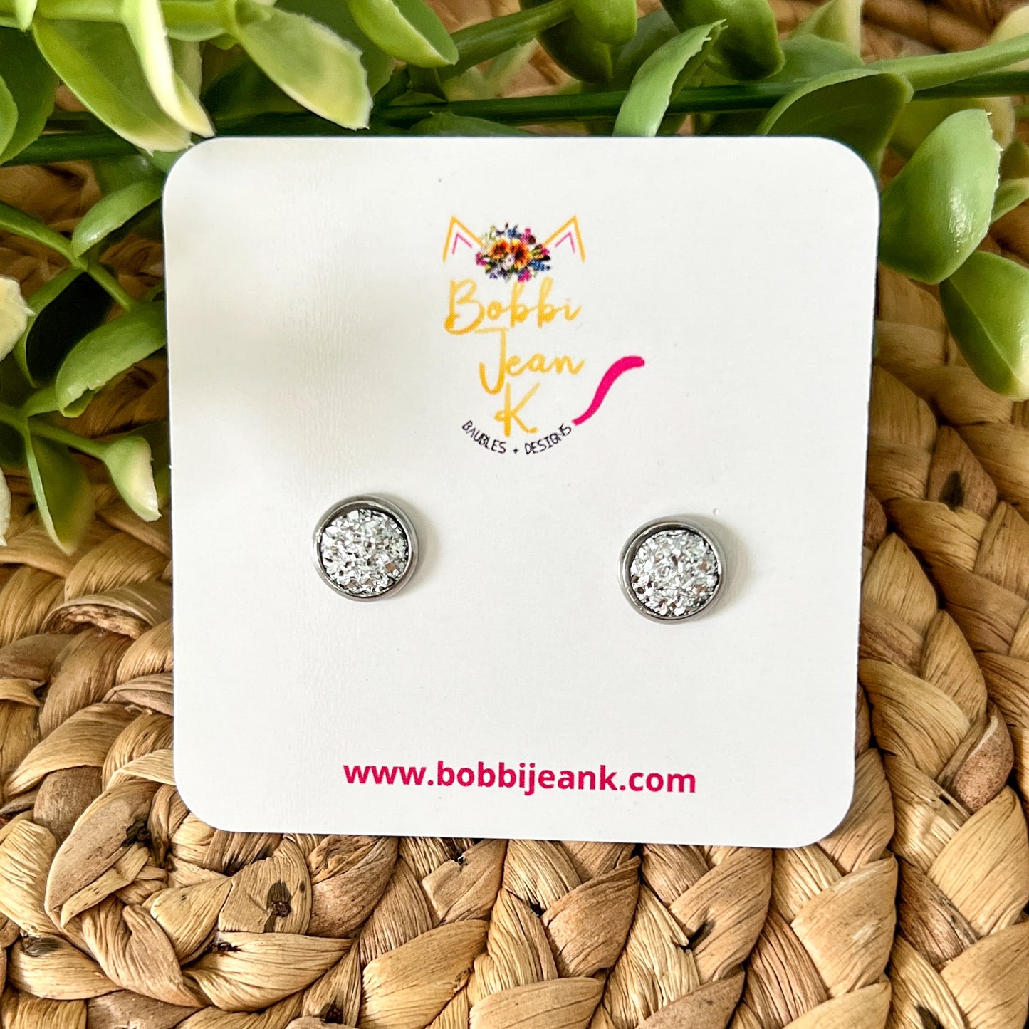 Silver Faux Druzy Studs 8mm: Choose Silver or Gold Settings