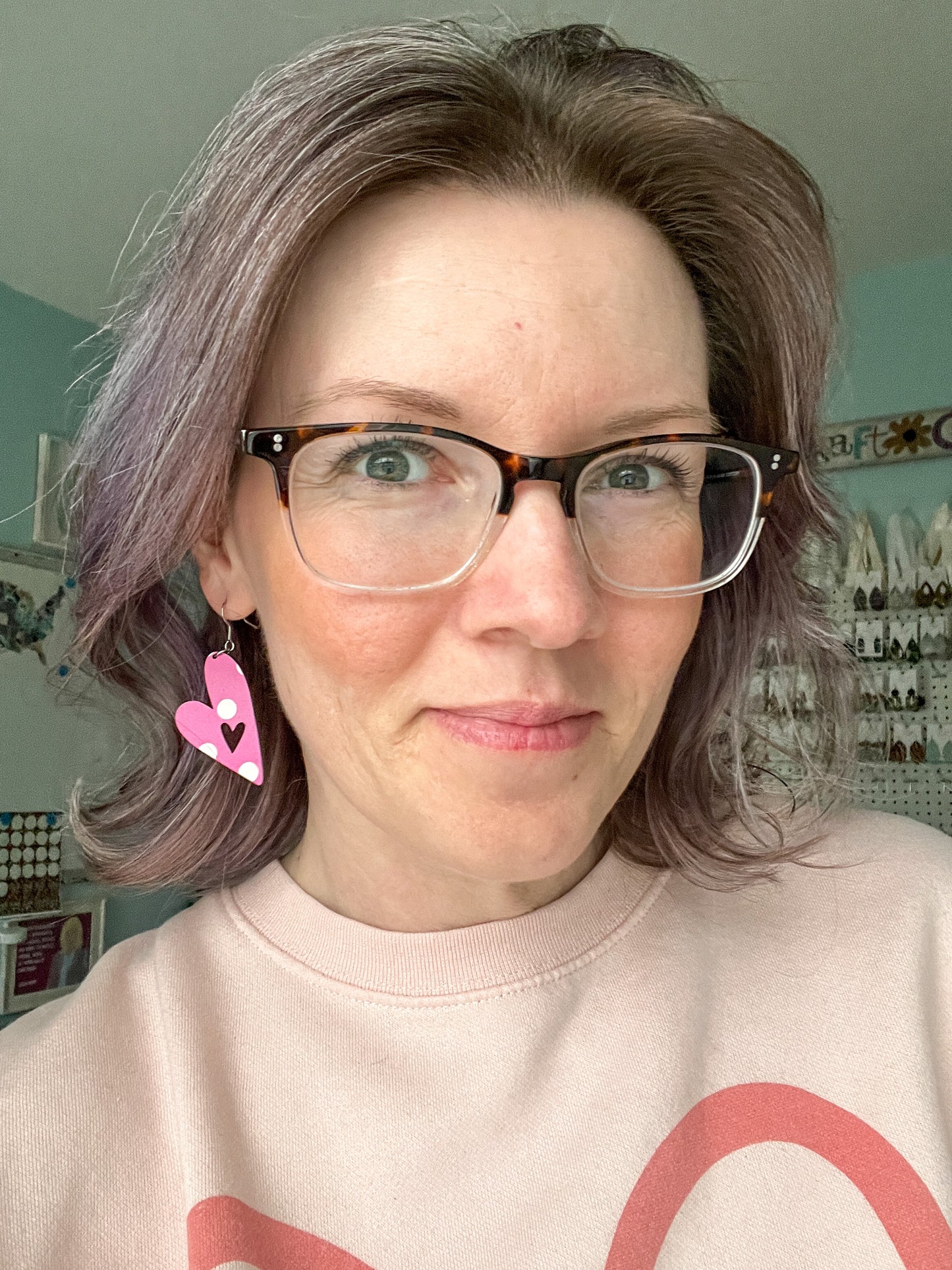 Pink & White Polka Dot Heart Cutout Wood Earrings
