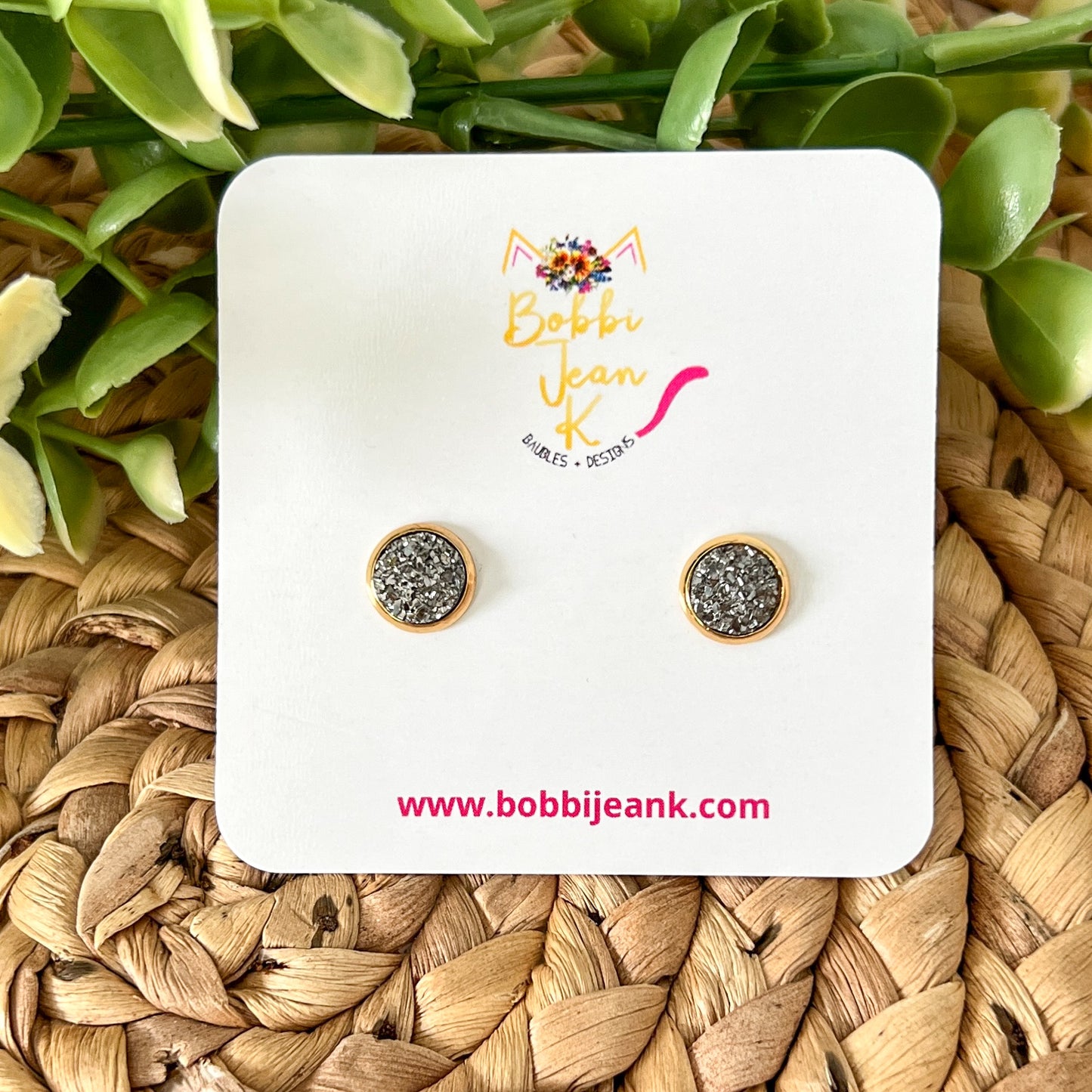 Charcoal Gray Faux Druzy Studs 8mm: Choose Silver or Gold Settings - LOW STOCK
