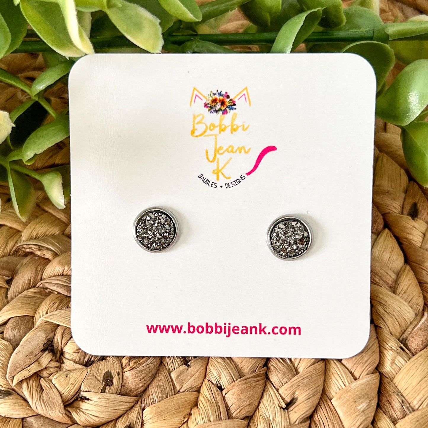 Charcoal Gray Faux Druzy Studs 8mm: Choose Silver or Gold Settings - LOW STOCK