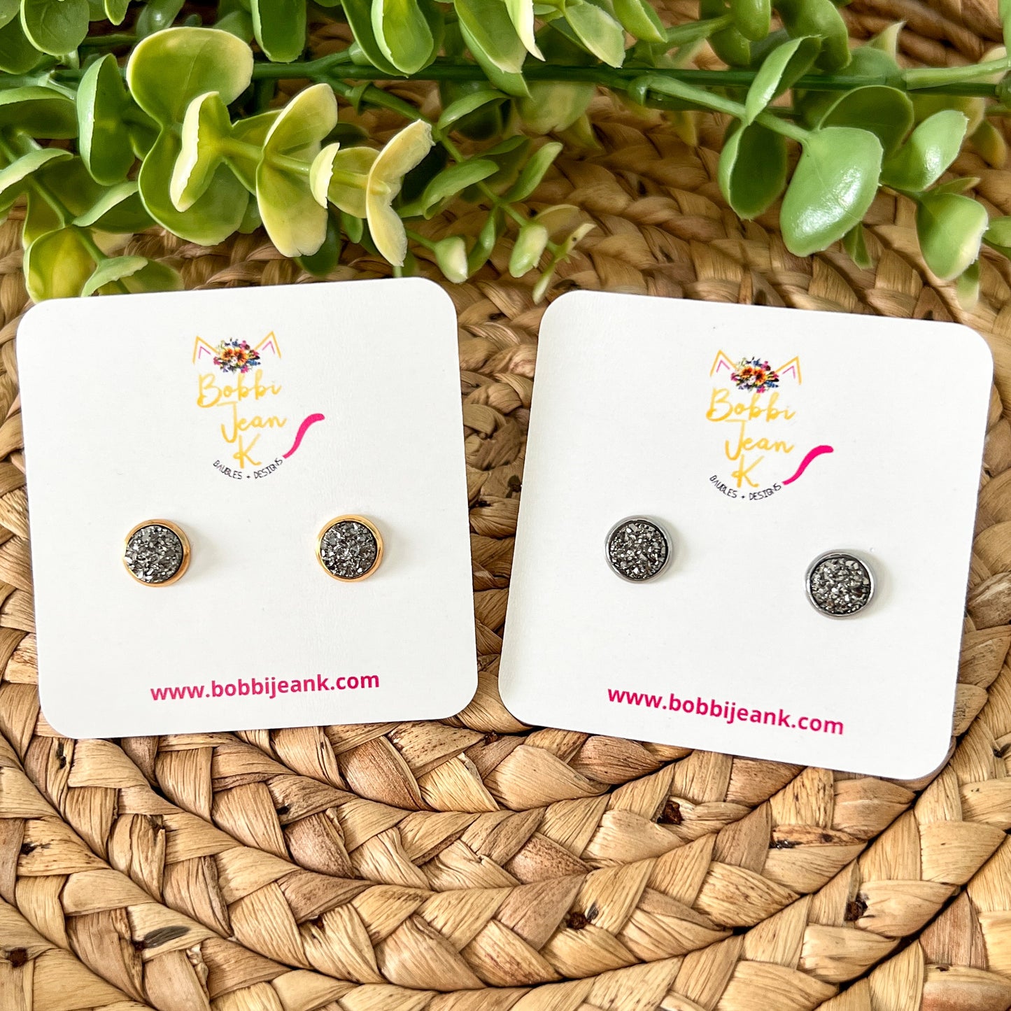 Charcoal Gray Faux Druzy Studs 8mm: Choose Silver or Gold Settings - LOW STOCK