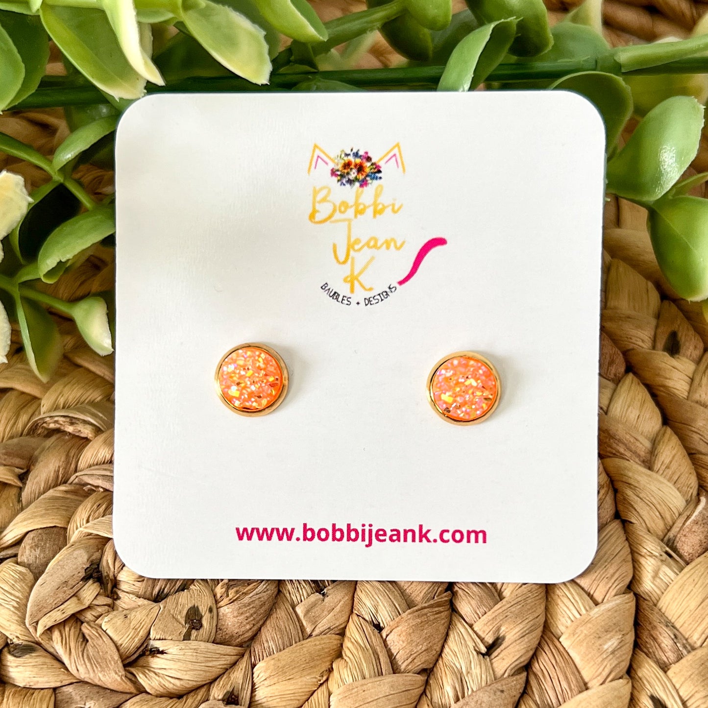 Orange Frosted Sparkle Faux Druzy Studs 8mm: Choose Silver or Gold Settings - LOW STOCK