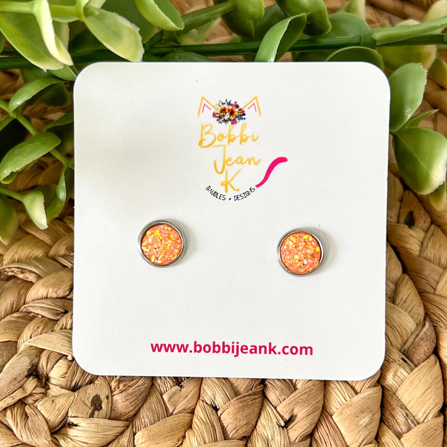Orange Frosted Sparkle Faux Druzy Studs 8mm: Choose Silver or Gold Settings - LOW STOCK