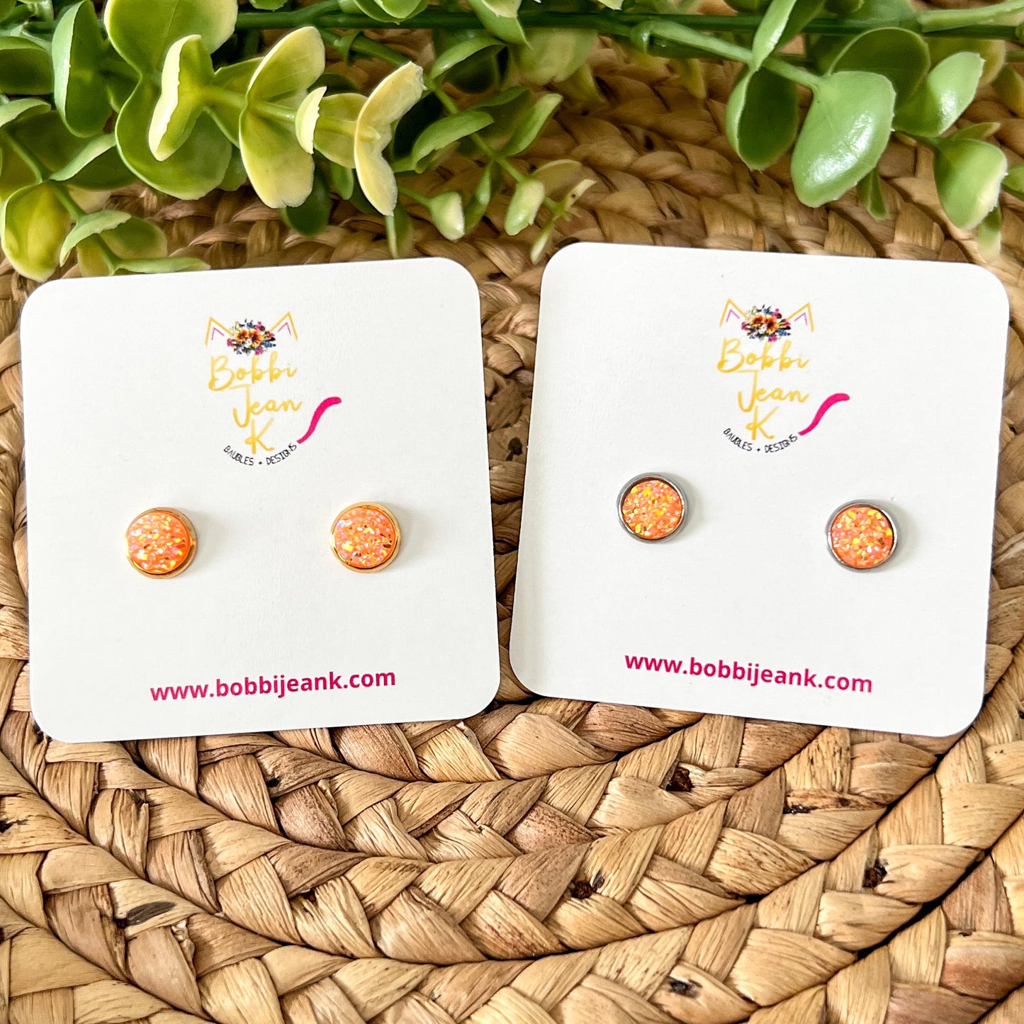 Orange Frosted Sparkle Faux Druzy Studs 8mm: Choose Silver or Gold Settings - LOW STOCK