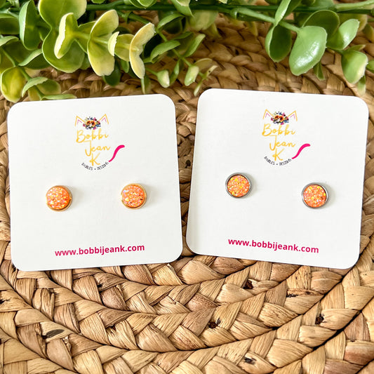 SALE: Orange Frosted Sparkle Faux Druzy Studs 8mm: Choose Silver or Gold Settings - LOW STOCK