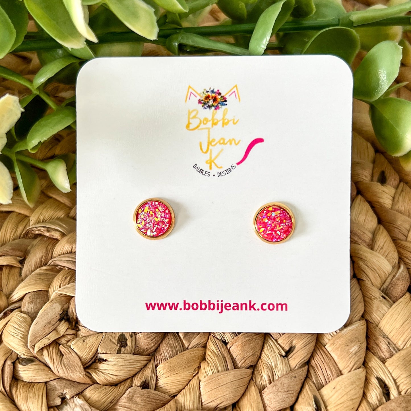Hot Pink Frosted Sparkle Faux Druzy Studs 8mm: Choose Silver or Gold Settings - LOW STOCK