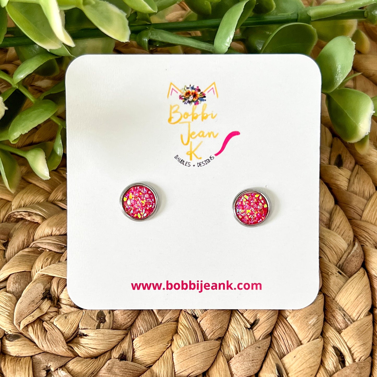 Hot Pink Frosted Sparkle Faux Druzy Studs 8mm: Choose Silver or Gold Settings - LOW STOCK
