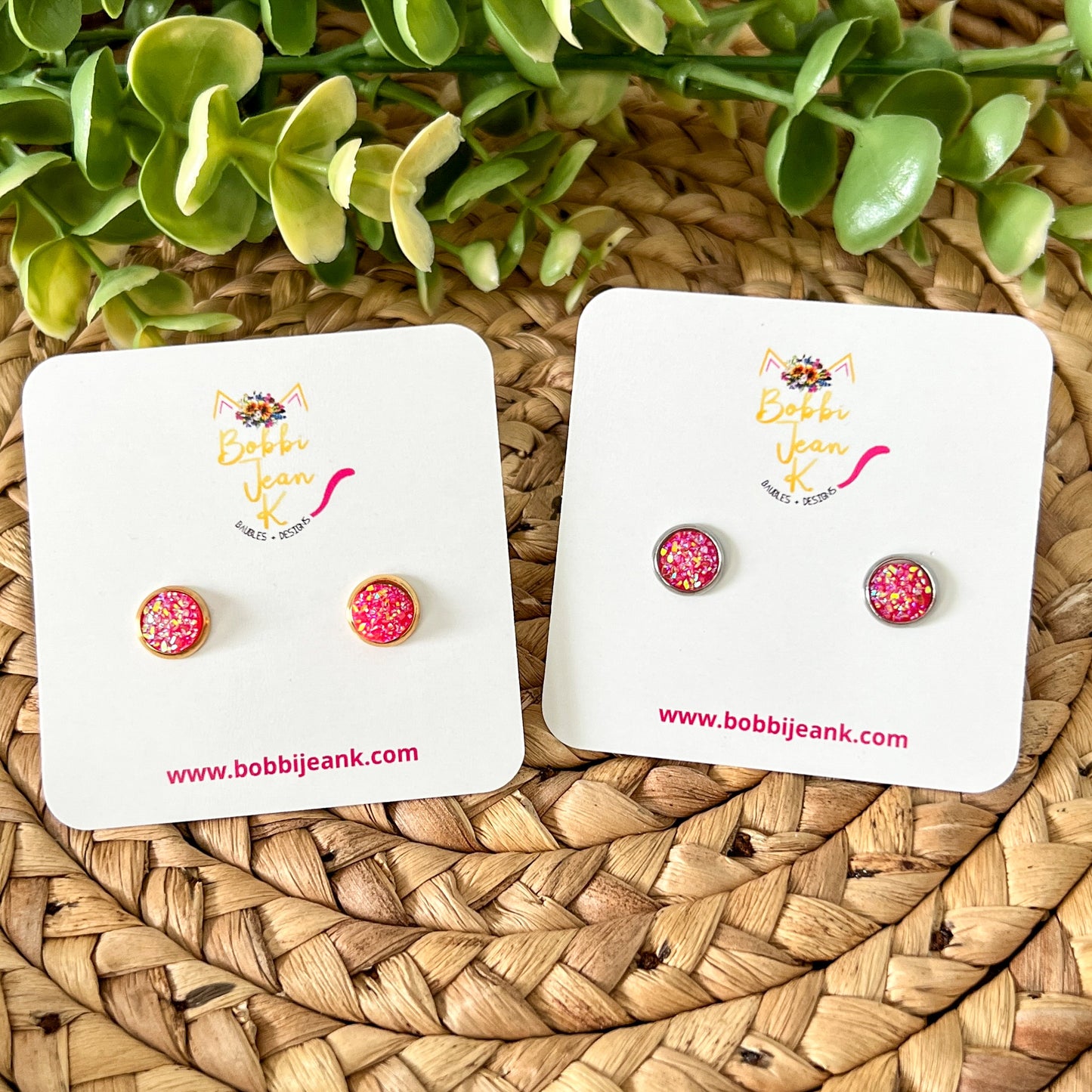 Hot Pink Frosted Sparkle Faux Druzy Studs 8mm: Choose Silver or Gold Settings