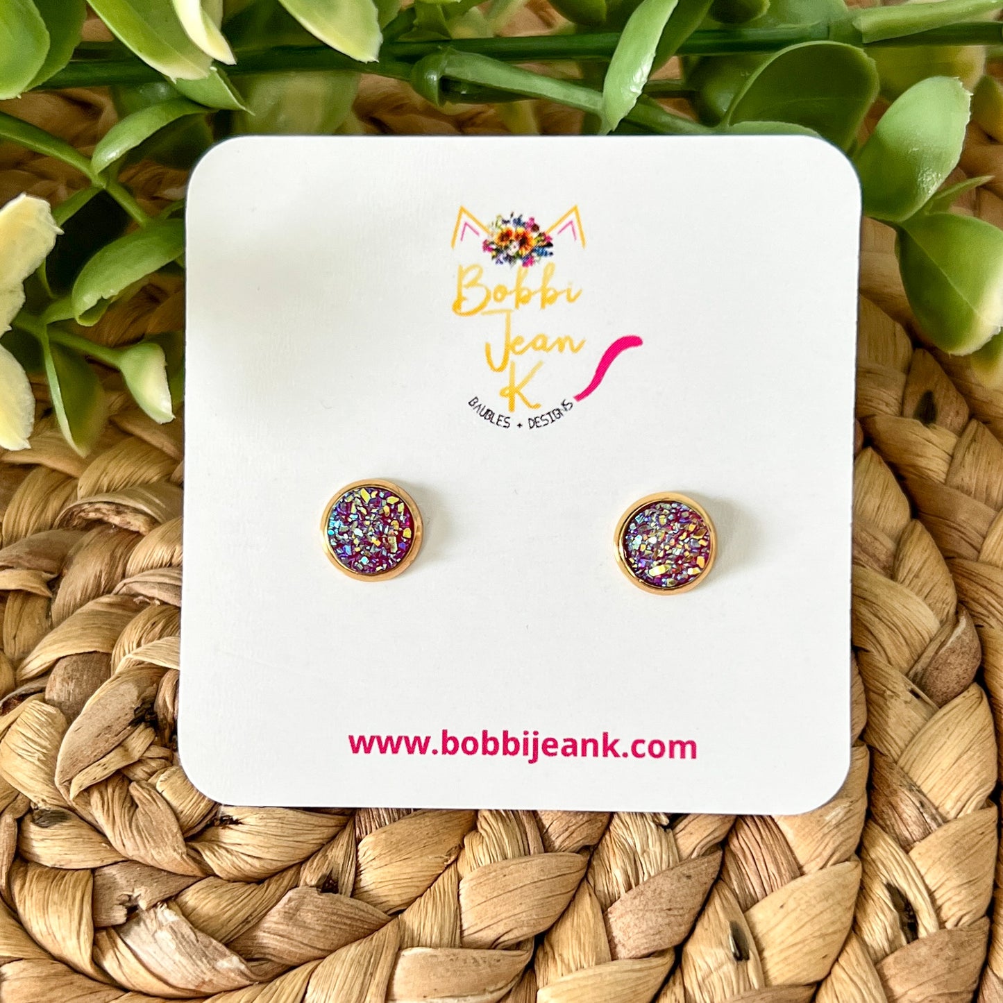 Magenta Faux Druzy Studs 8mm: Choose Silver or Gold Settings - LOW STOCK
