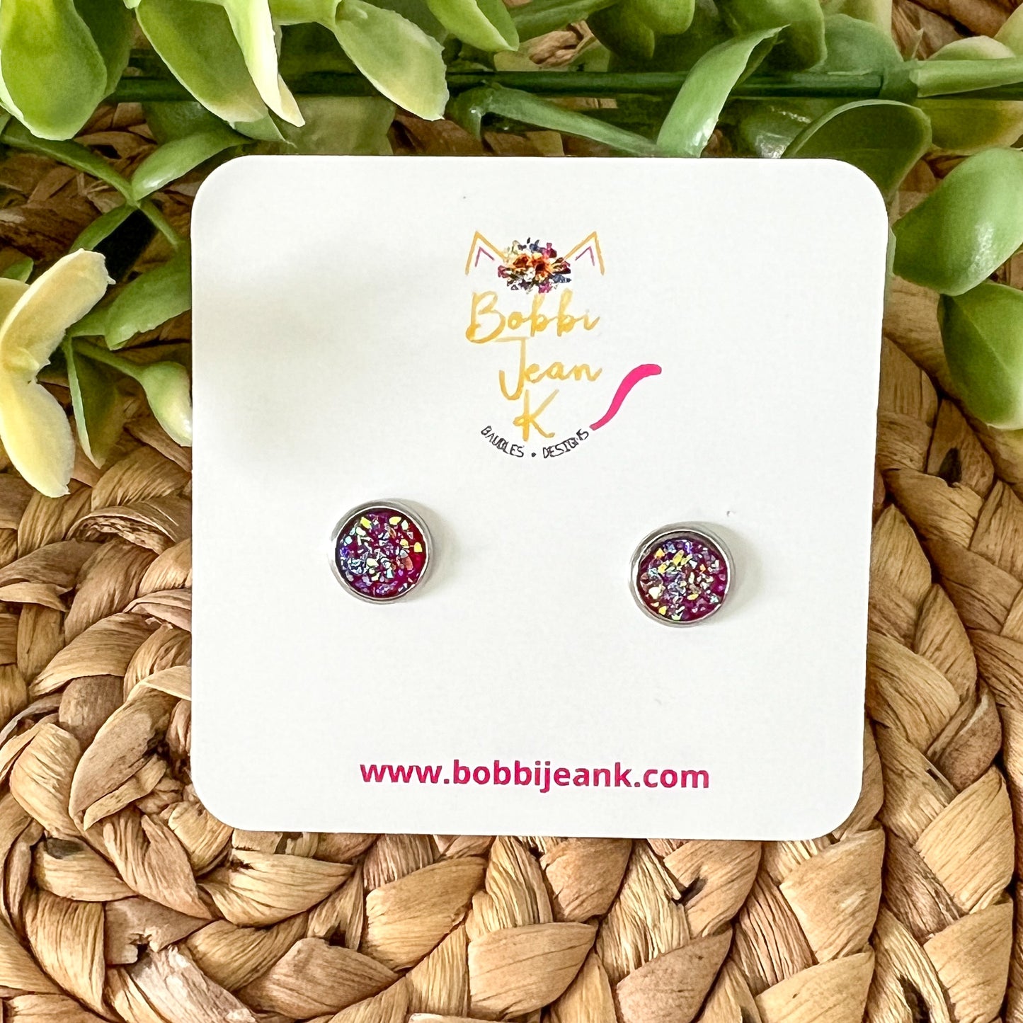 Magenta Faux Druzy Studs 8mm: Choose Silver or Gold Settings - LOW STOCK