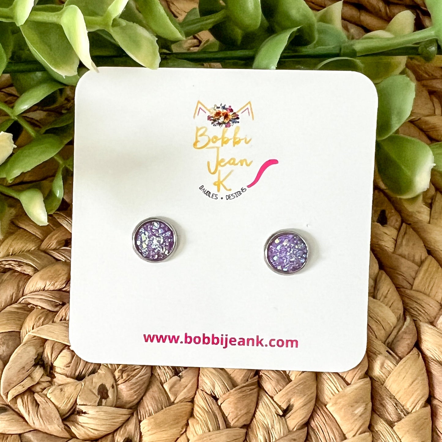 Lavender Frosted Sparkle Druzy Studs 8mm: Choose Silver or Gold Settings - ONE PAIR LEFT